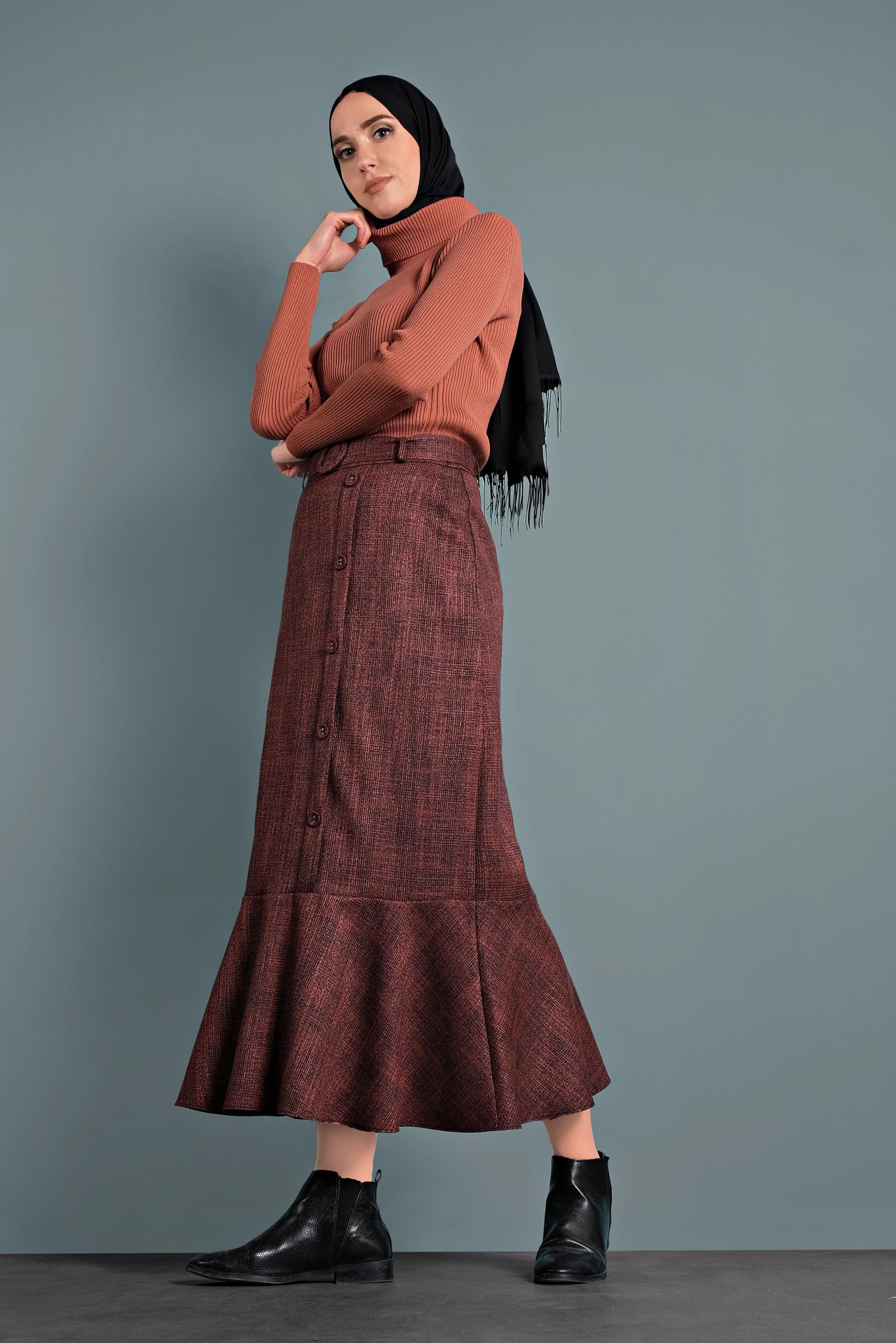 Tesettür giyim SİYAH EKOSE TROMPET ETEK 60027 