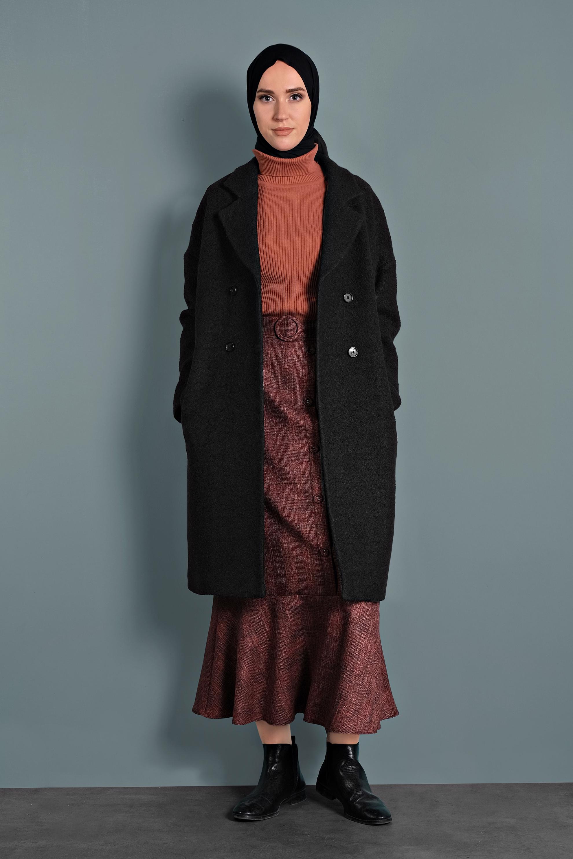 Tesettür giyim SİYAH EKOSE TROMPET ETEK 60027 