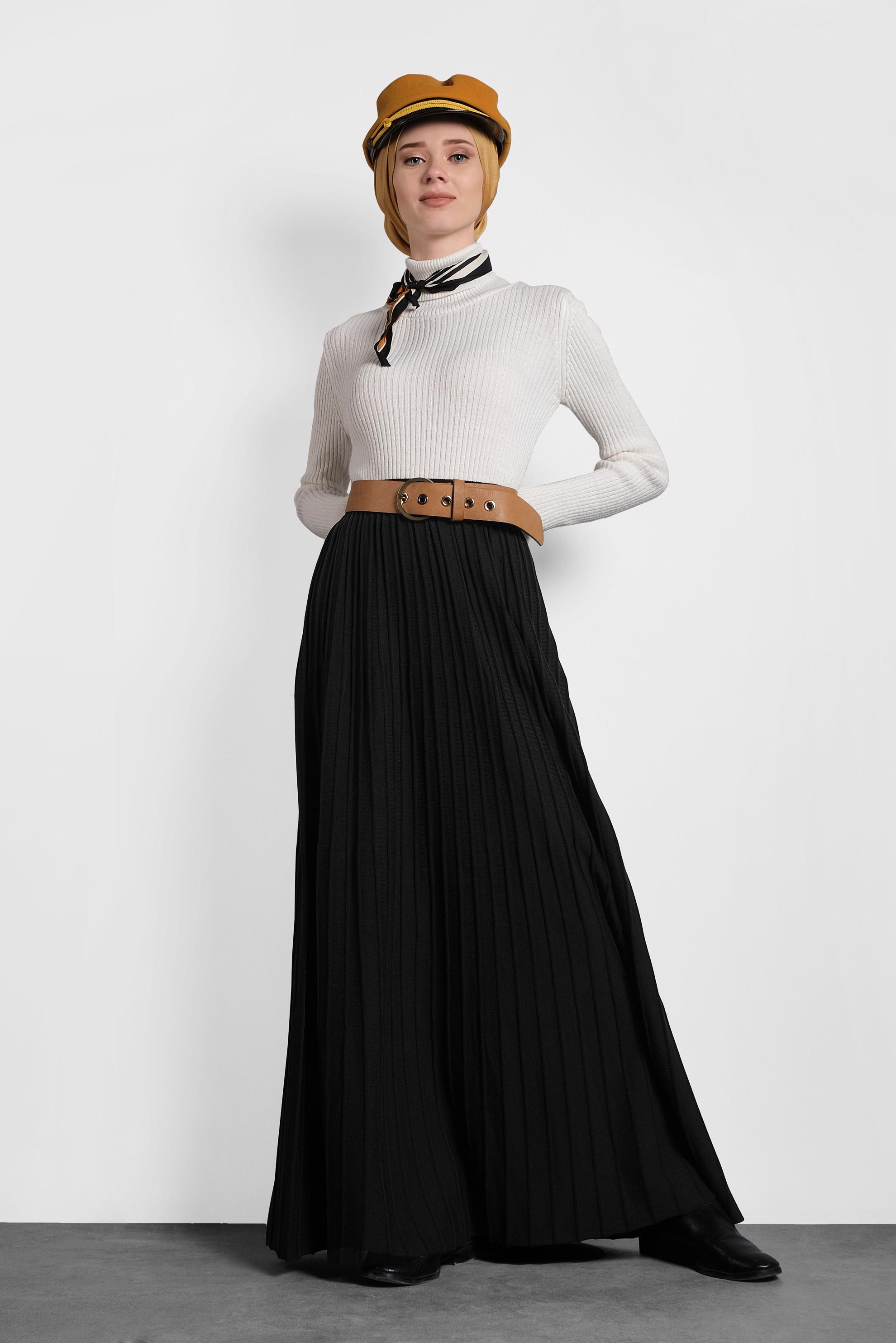 Tesettür giyim SİYAH PİLİSELİ TRİKO ETEK 60028 