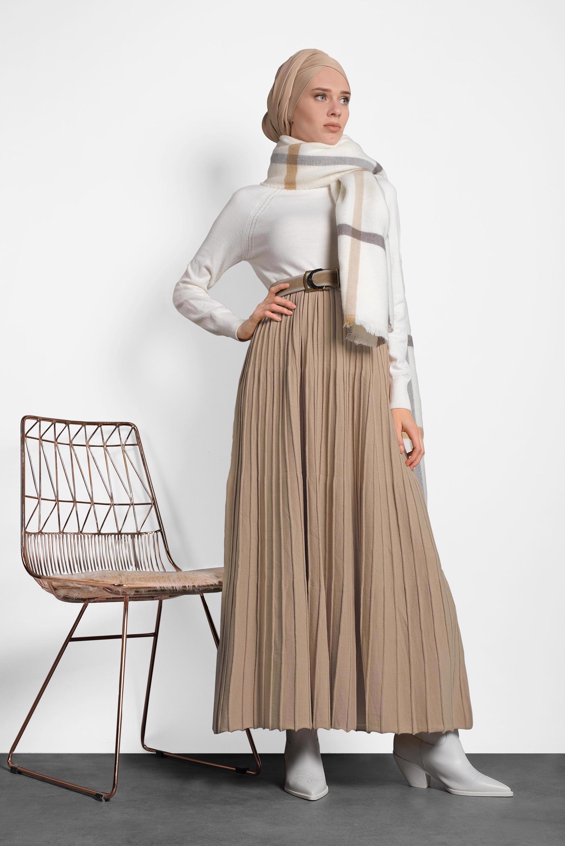 Tesettür giyim KAHVE PİLİSELİ TRİKO ETEK 60028 