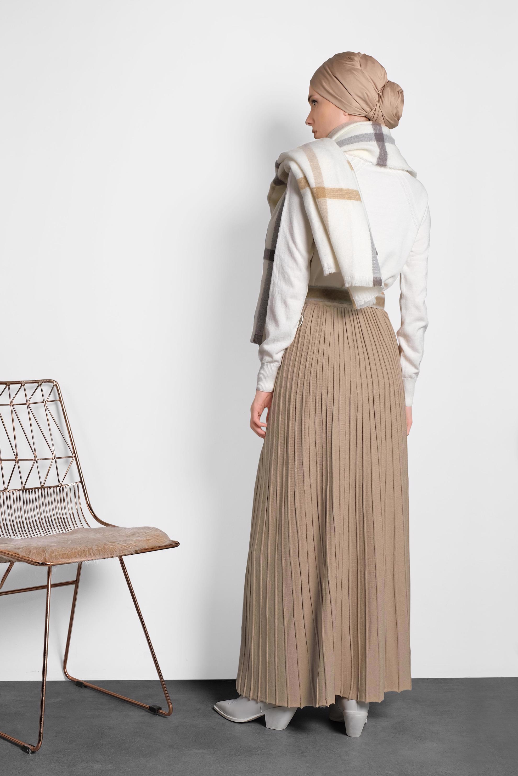 Tesettür giyim KAHVE PİLİSELİ TRİKO ETEK 60028 