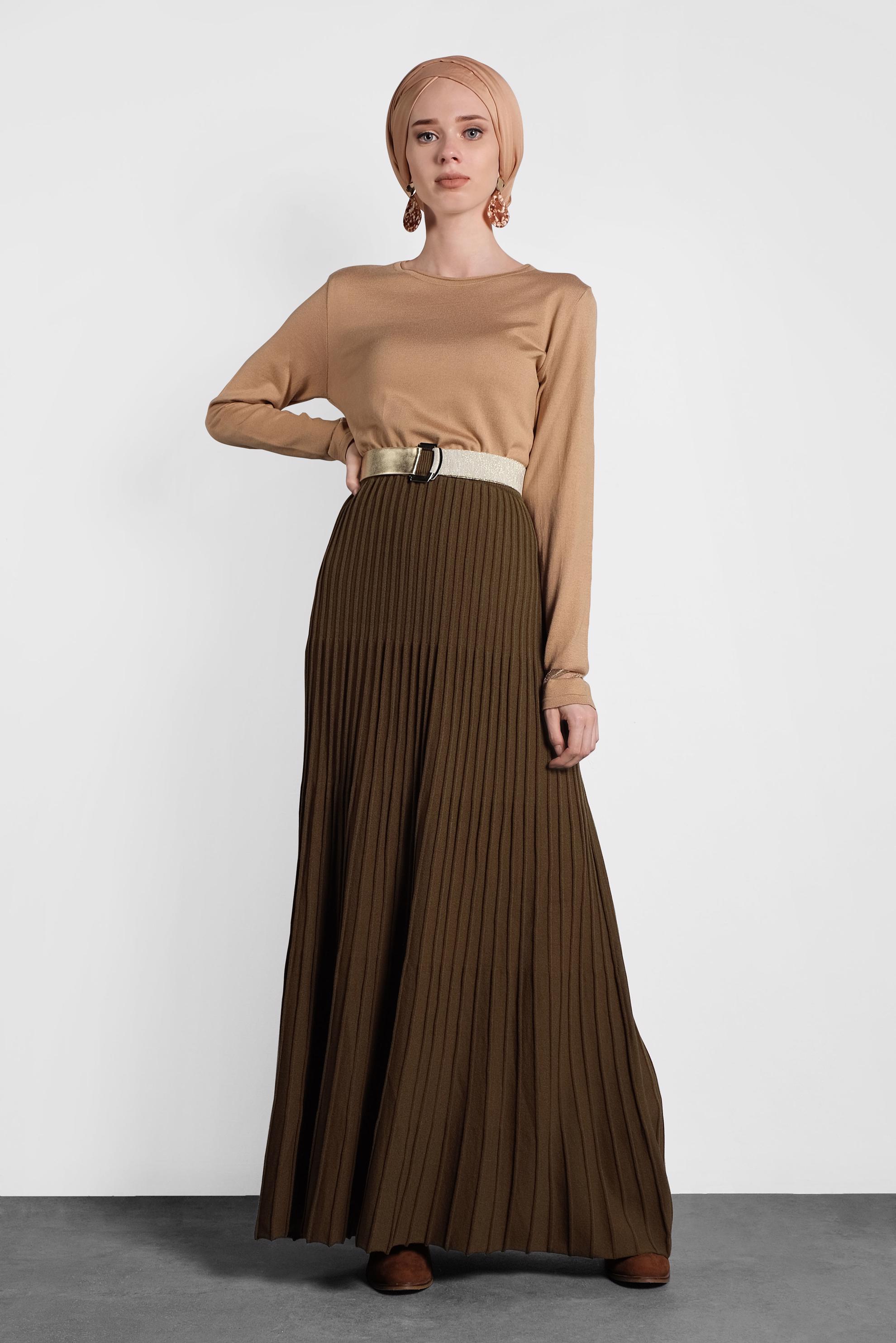 Tesettür giyim KAHVE PİLİSELİ TRİKO ETEK 60028 