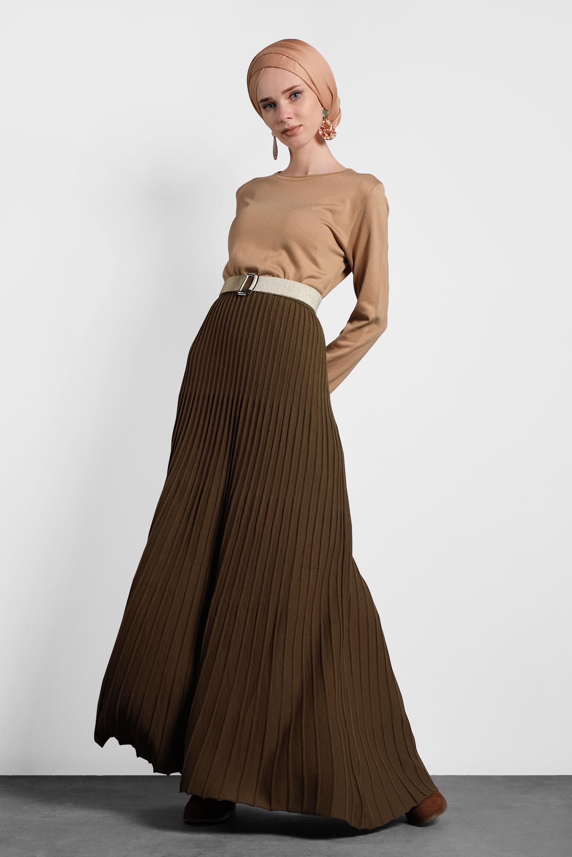 Tesettür giyim KAHVE PİLİSELİ TRİKO ETEK 60028 