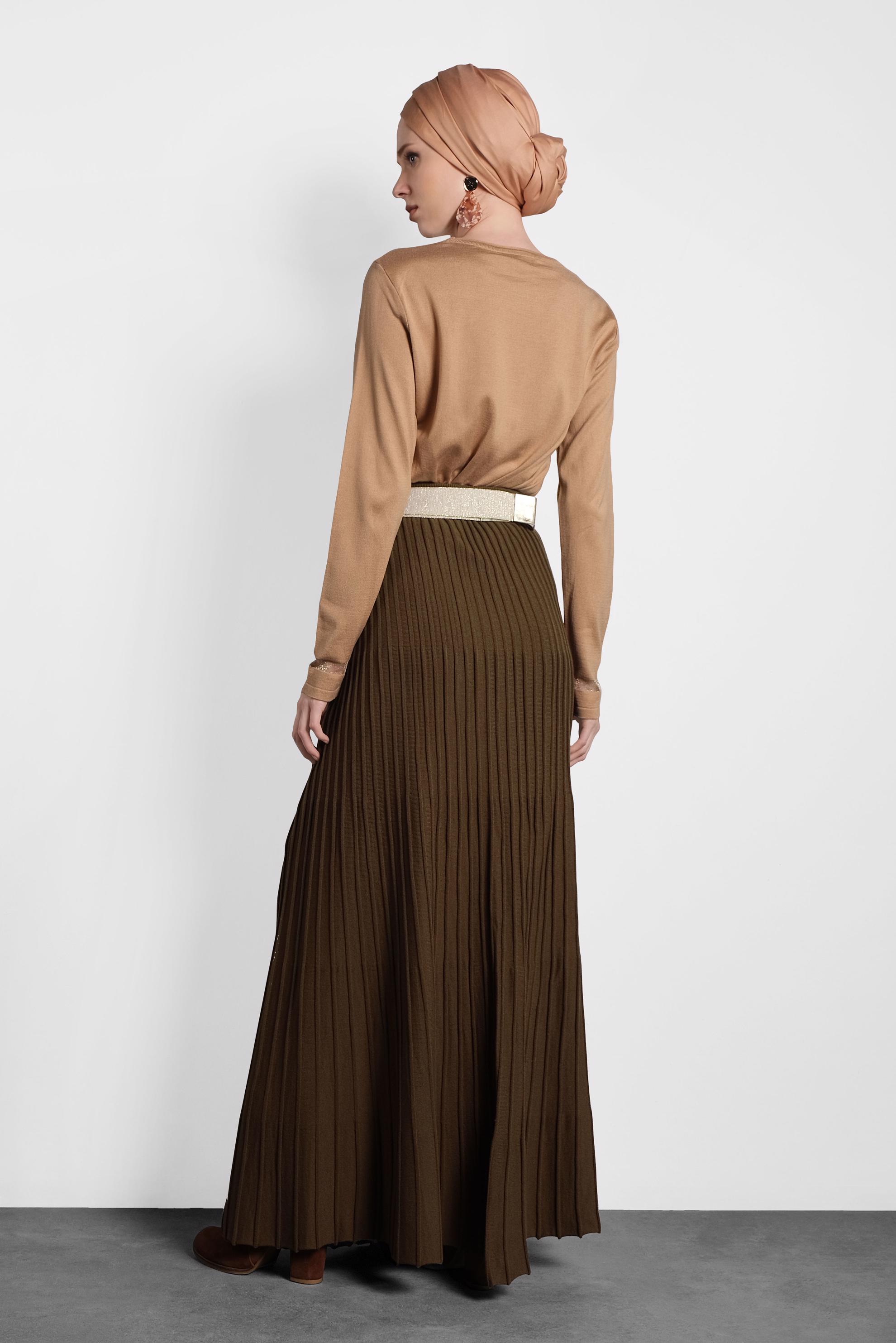 Tesettür giyim KAHVE PİLİSELİ TRİKO ETEK 60028 