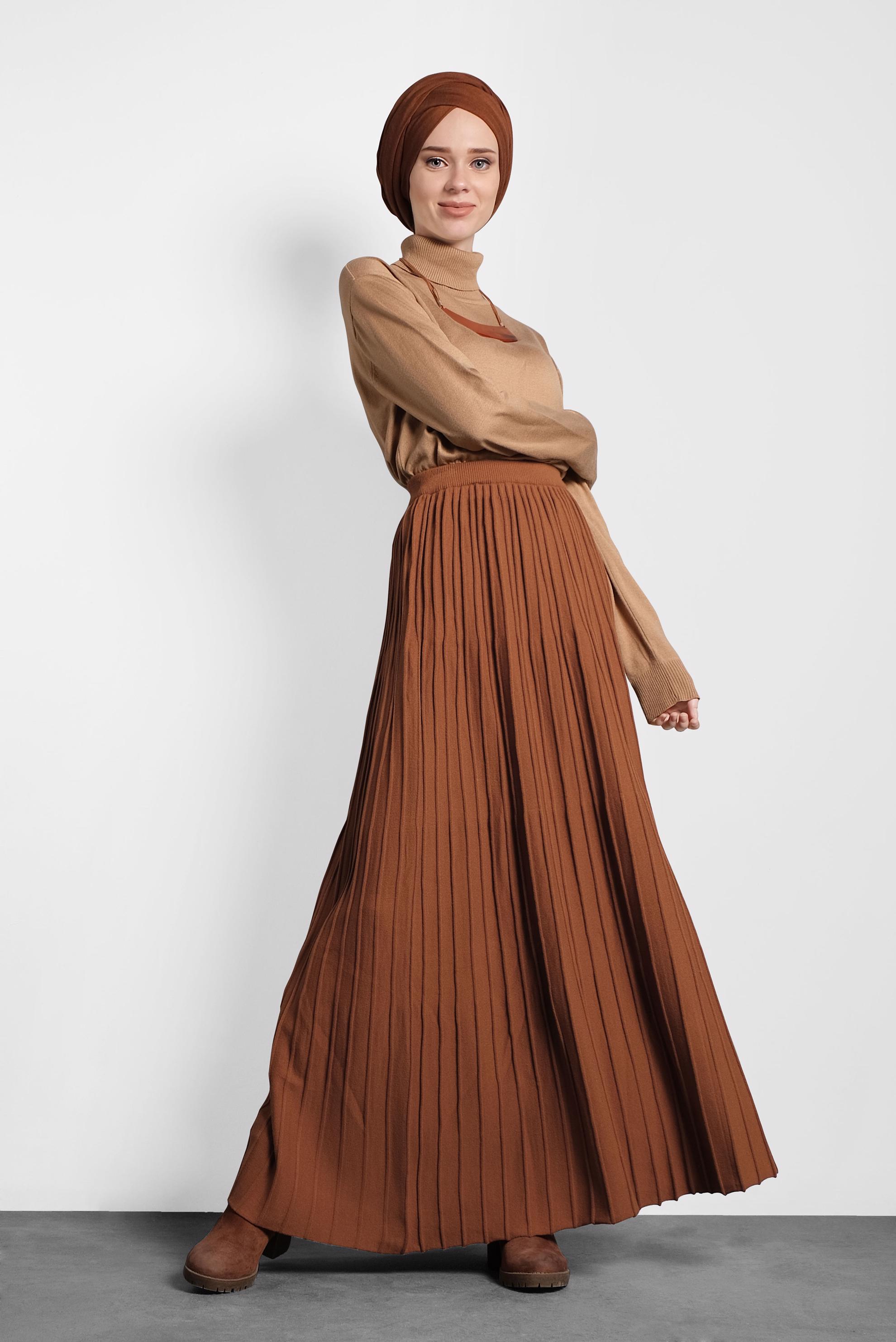 Tesettür giyim TABA PİLİSELİ TRİKO ETEK 60028 