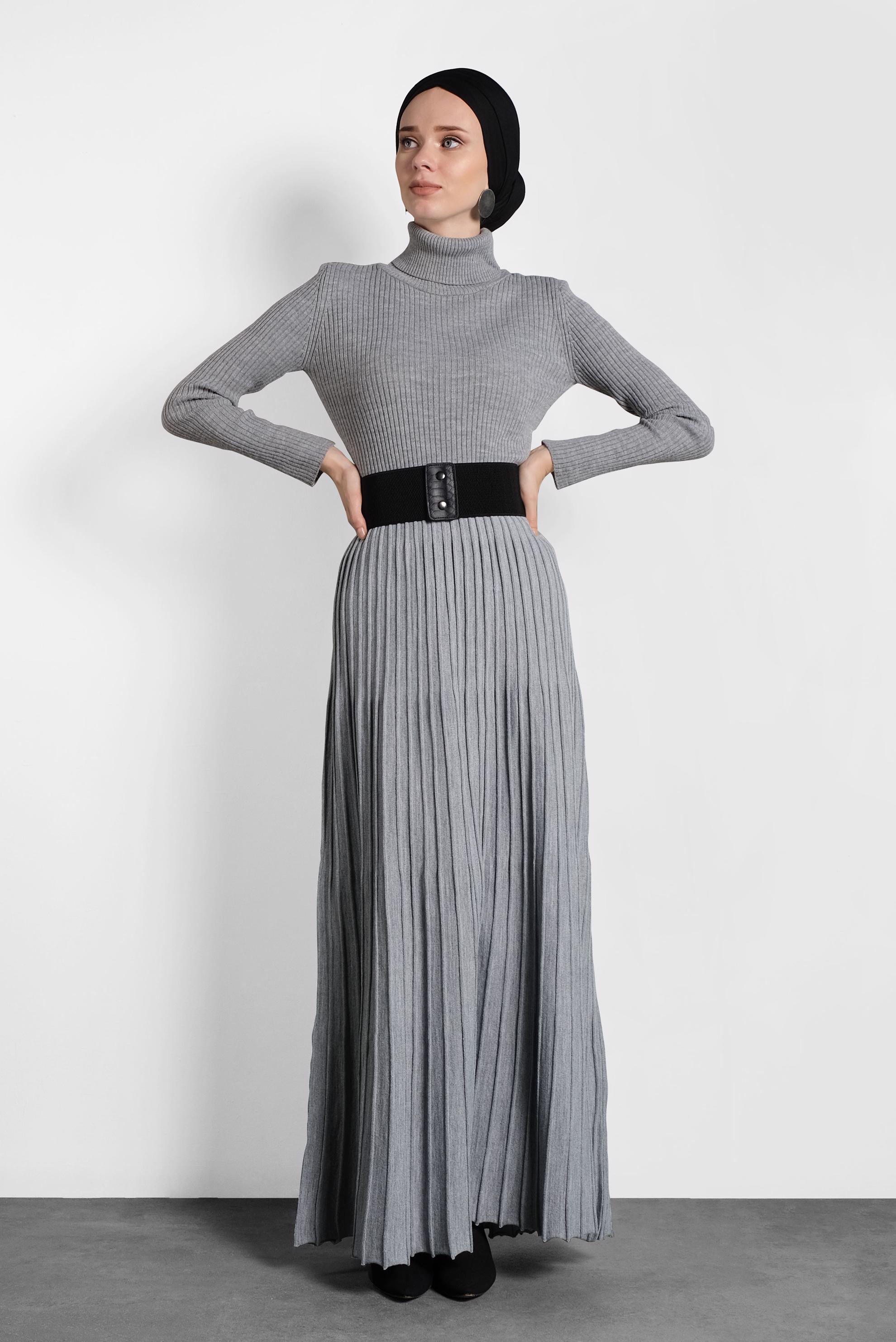 Tesettür giyim GRİ PİLİSELİ TRİKO ETEK 60028 