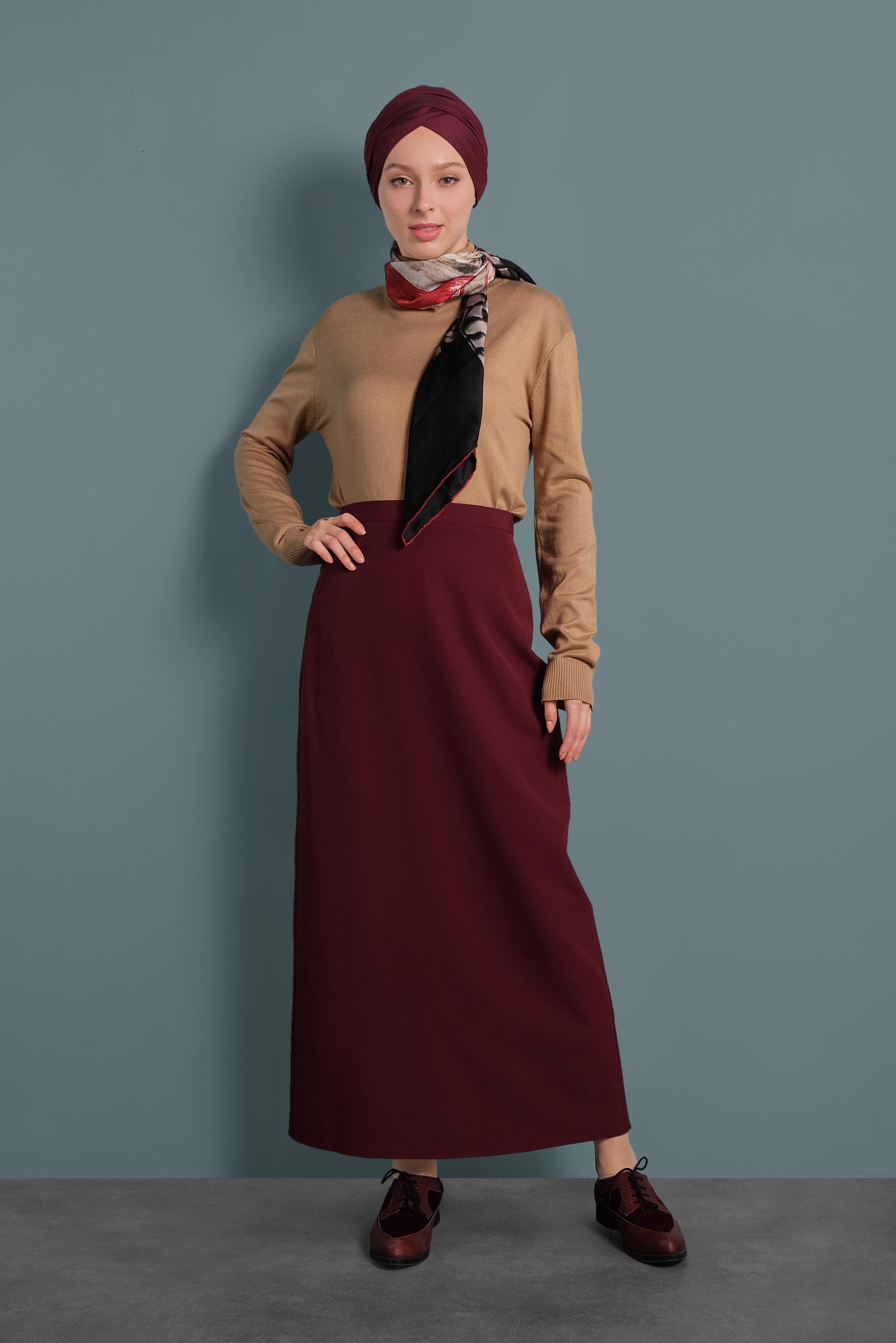 Tesettür giyim BORDO DÜZ KESİM ETEK 60031