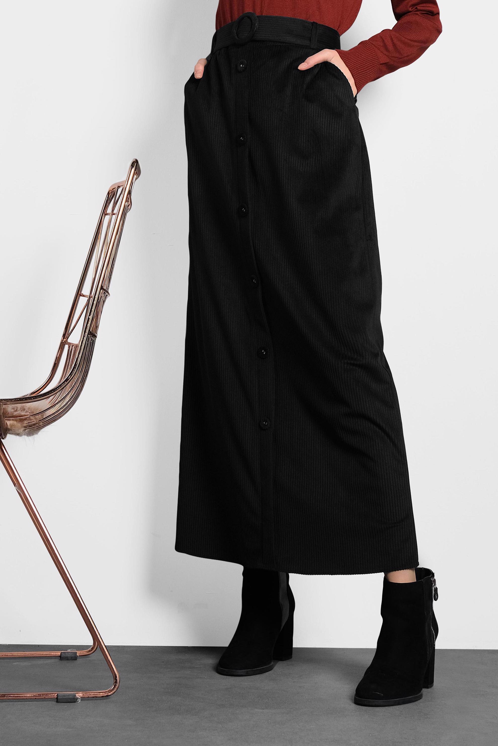 Tesettür giyim SİYAH DÜĞMELİ KEMERLİ KADİFE ETEK 60033 