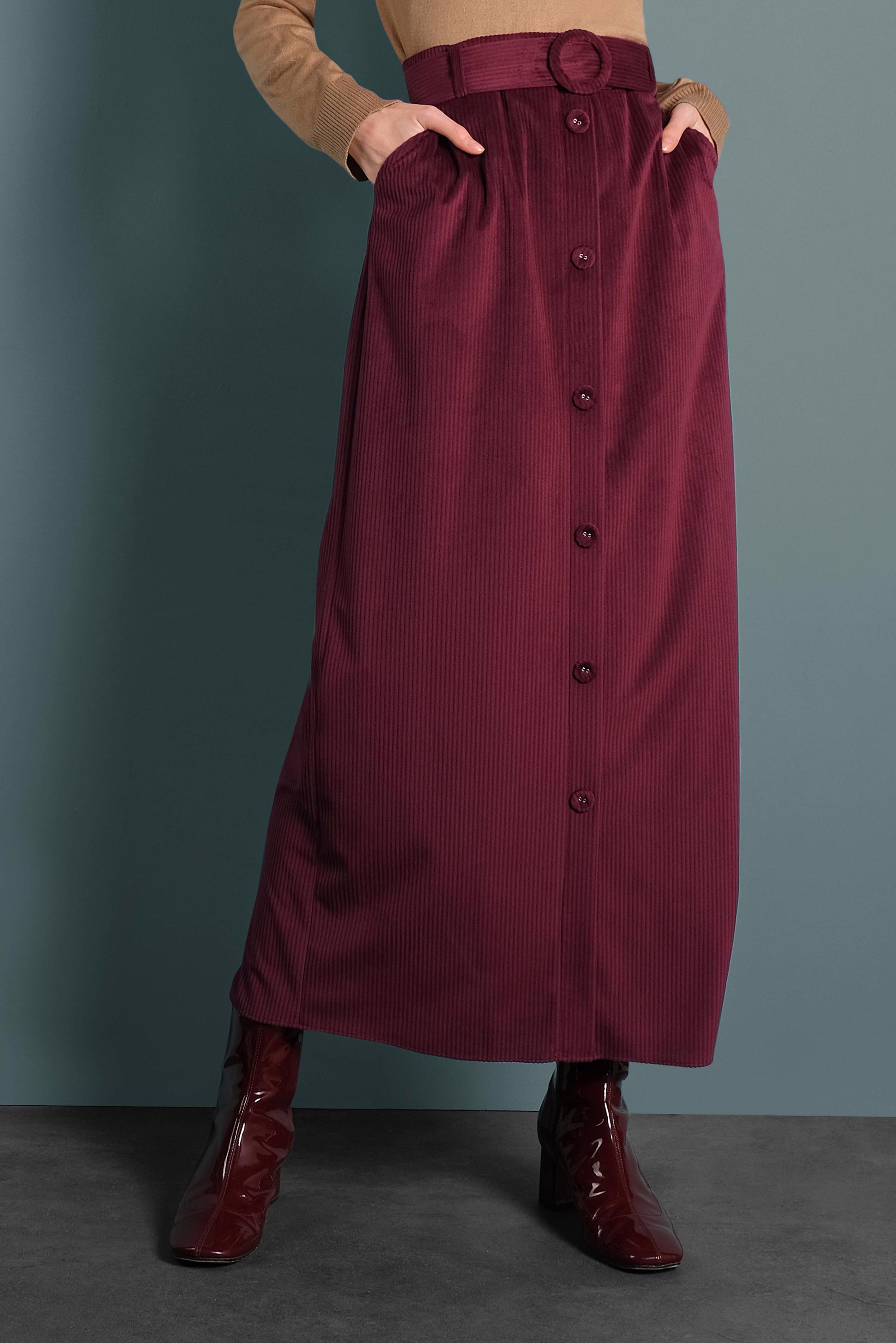 Tesettür giyim BORDO DÜĞMELİ KEMERLİ KADİFE ETEK 60033 