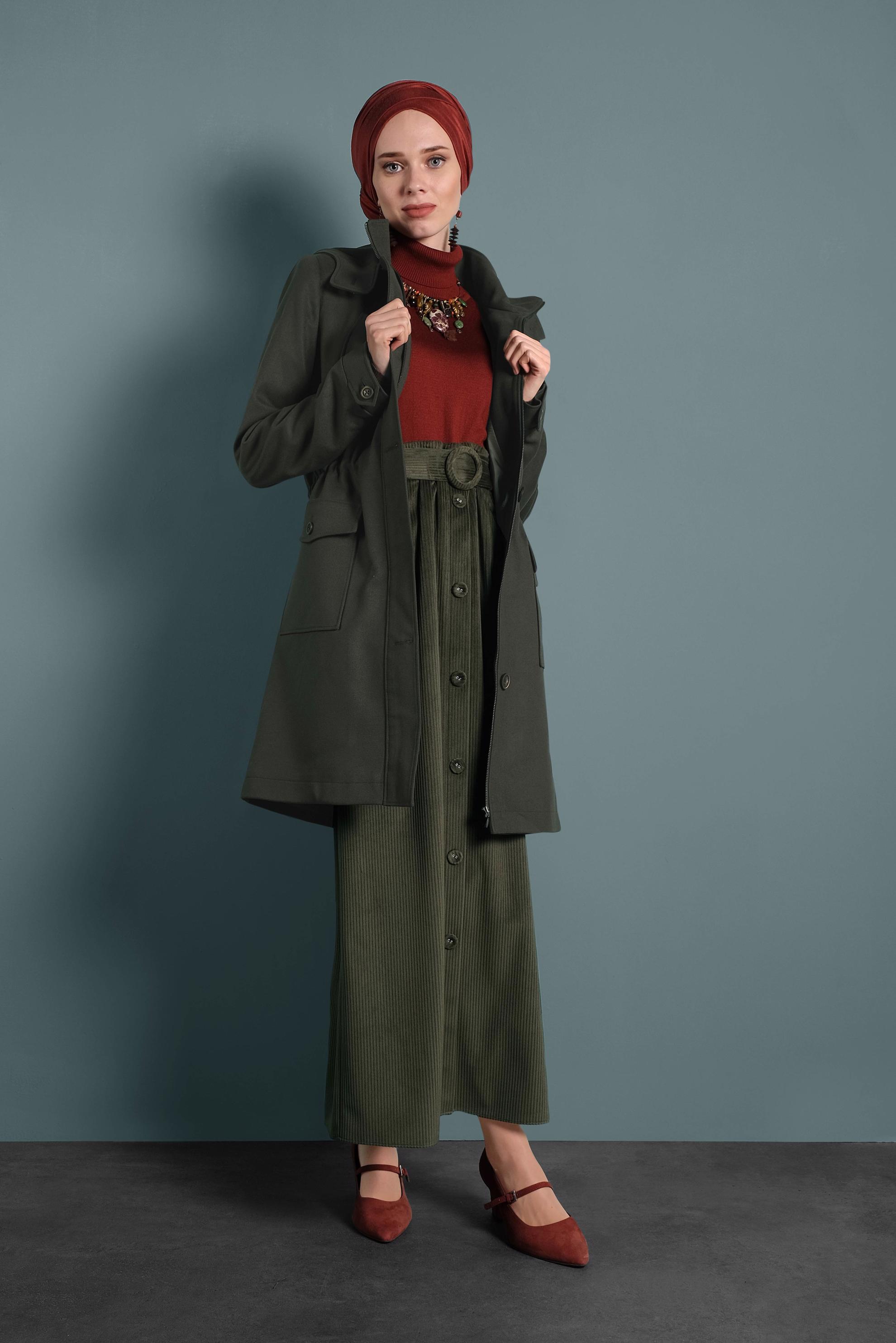 Tesettür giyim HAKİ DÜĞMELİ KEMERLİ KADİFE ETEK 60033 