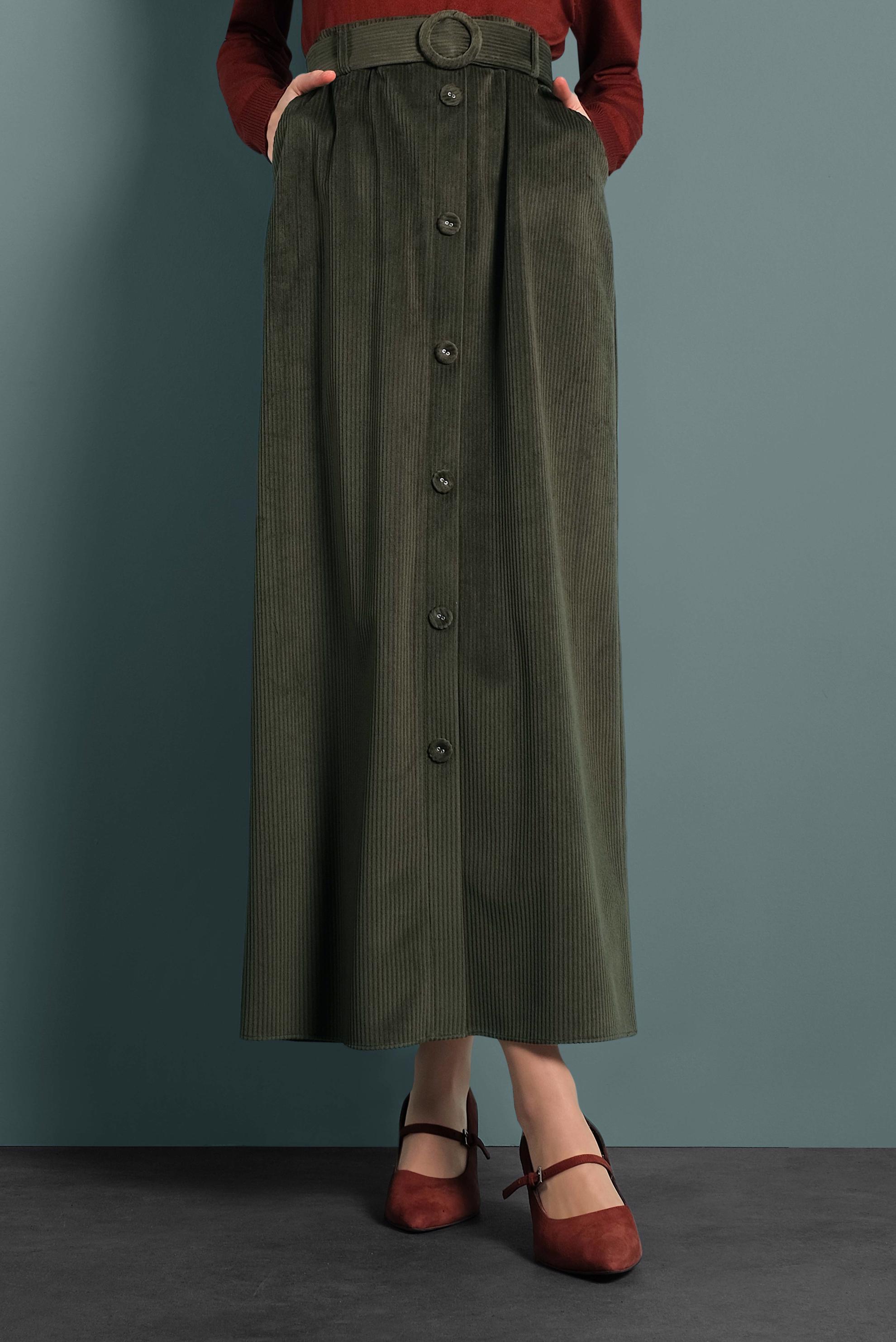 Tesettür giyim HAKİ DÜĞMELİ KEMERLİ KADİFE ETEK 60033 