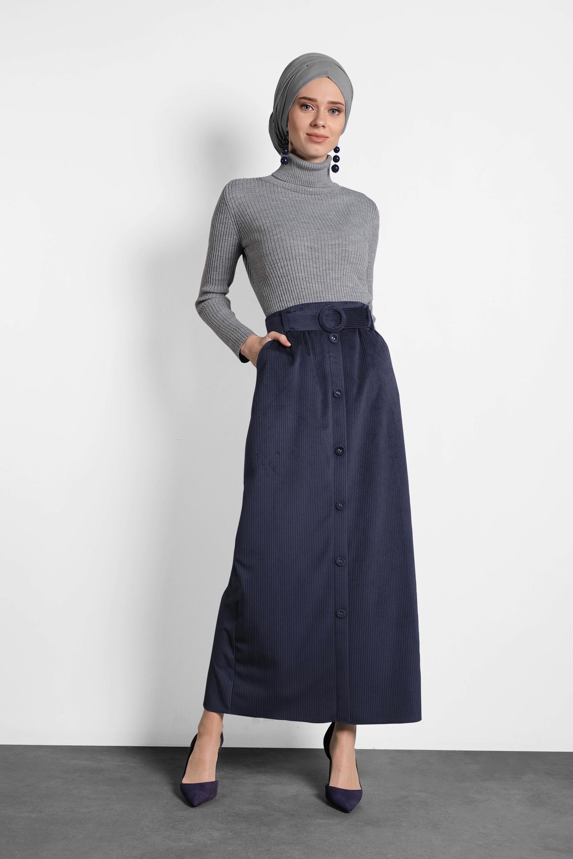 Tesettür giyim LACİVERT DÜĞMELİ KEMERLİ KADİFE ETEK 60033 