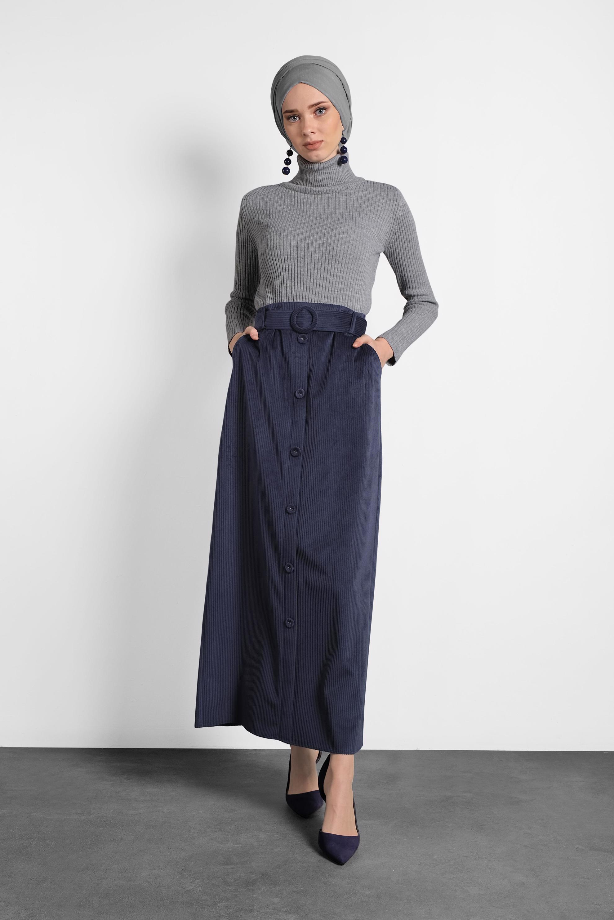 Tesettür giyim LACİVERT DÜĞMELİ KEMERLİ KADİFE ETEK 60033 