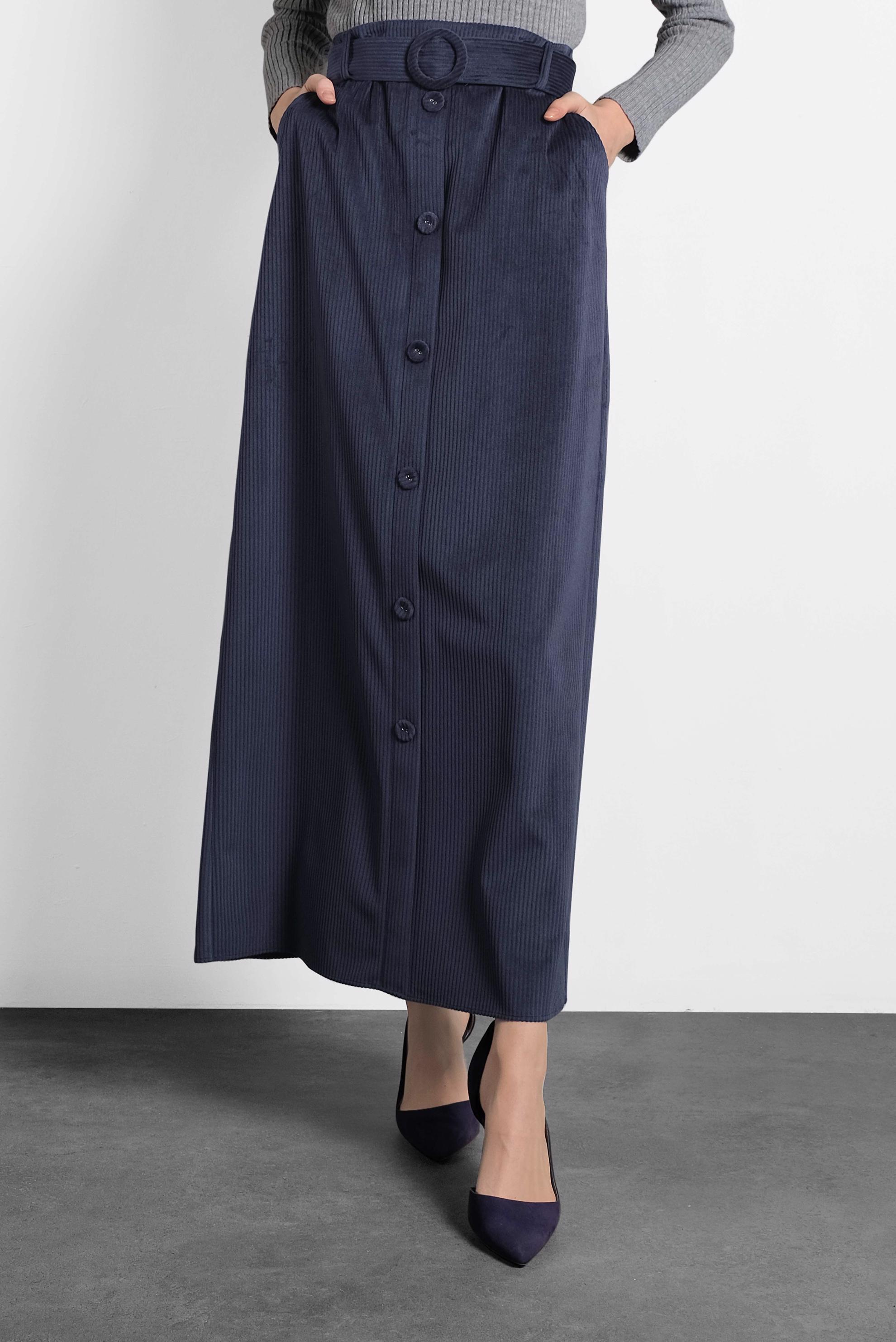 Tesettür giyim LACİVERT DÜĞMELİ KEMERLİ KADİFE ETEK 60033 