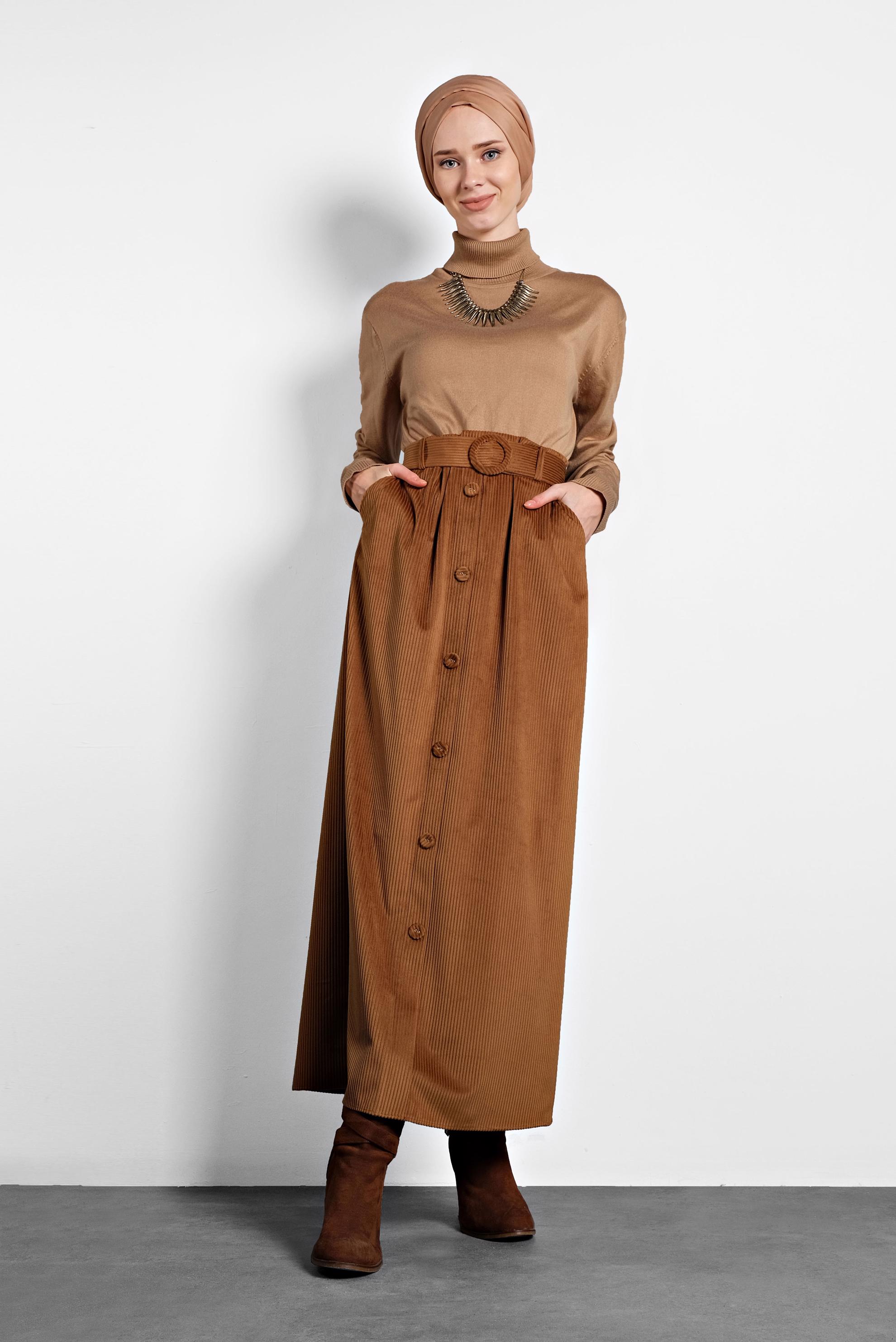 Tesettür giyim TABA DÜĞMELİ KEMERLİ KADİFE ETEK 60033 