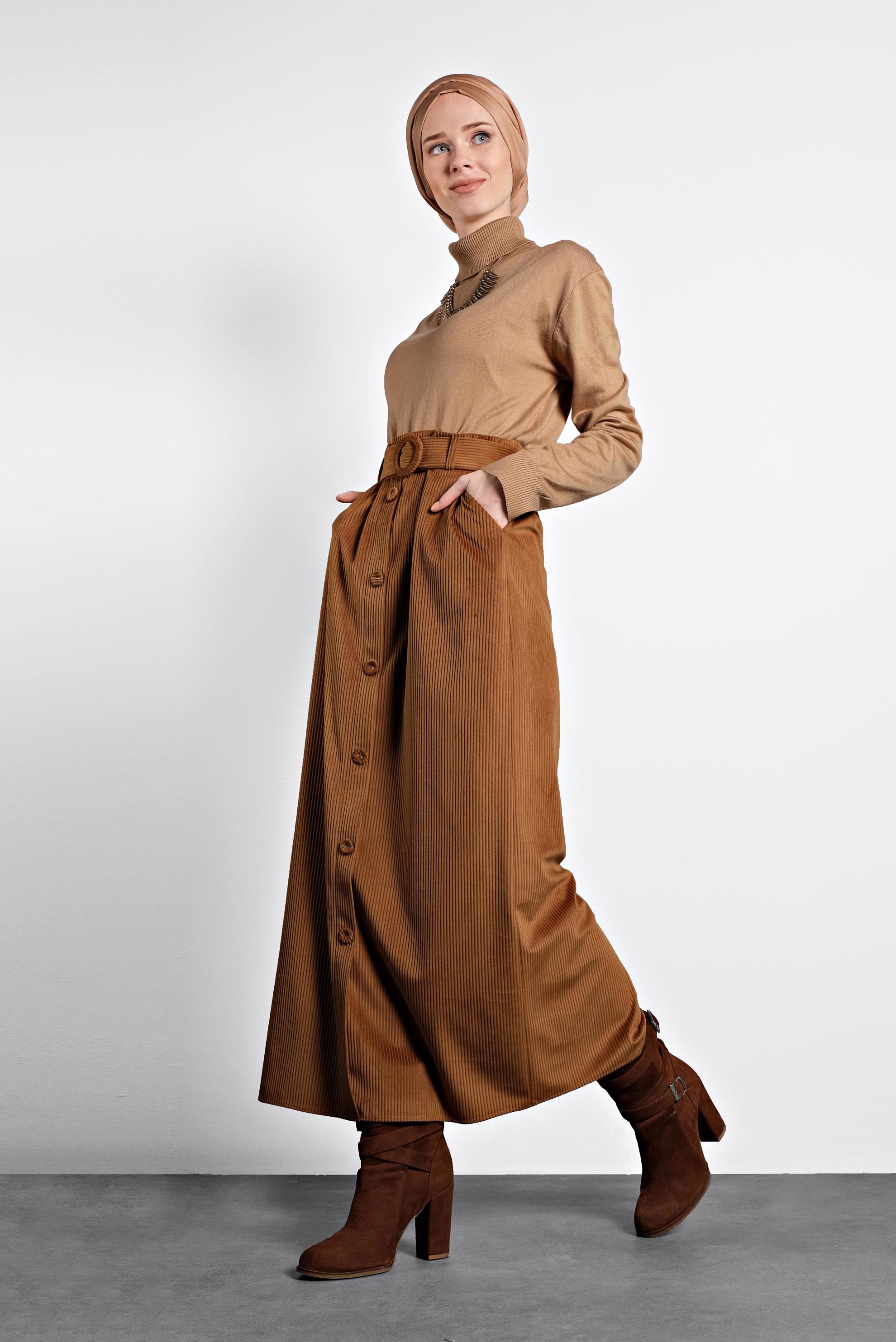 Tesettür giyim TABA DÜĞMELİ KEMERLİ KADİFE ETEK 60033 