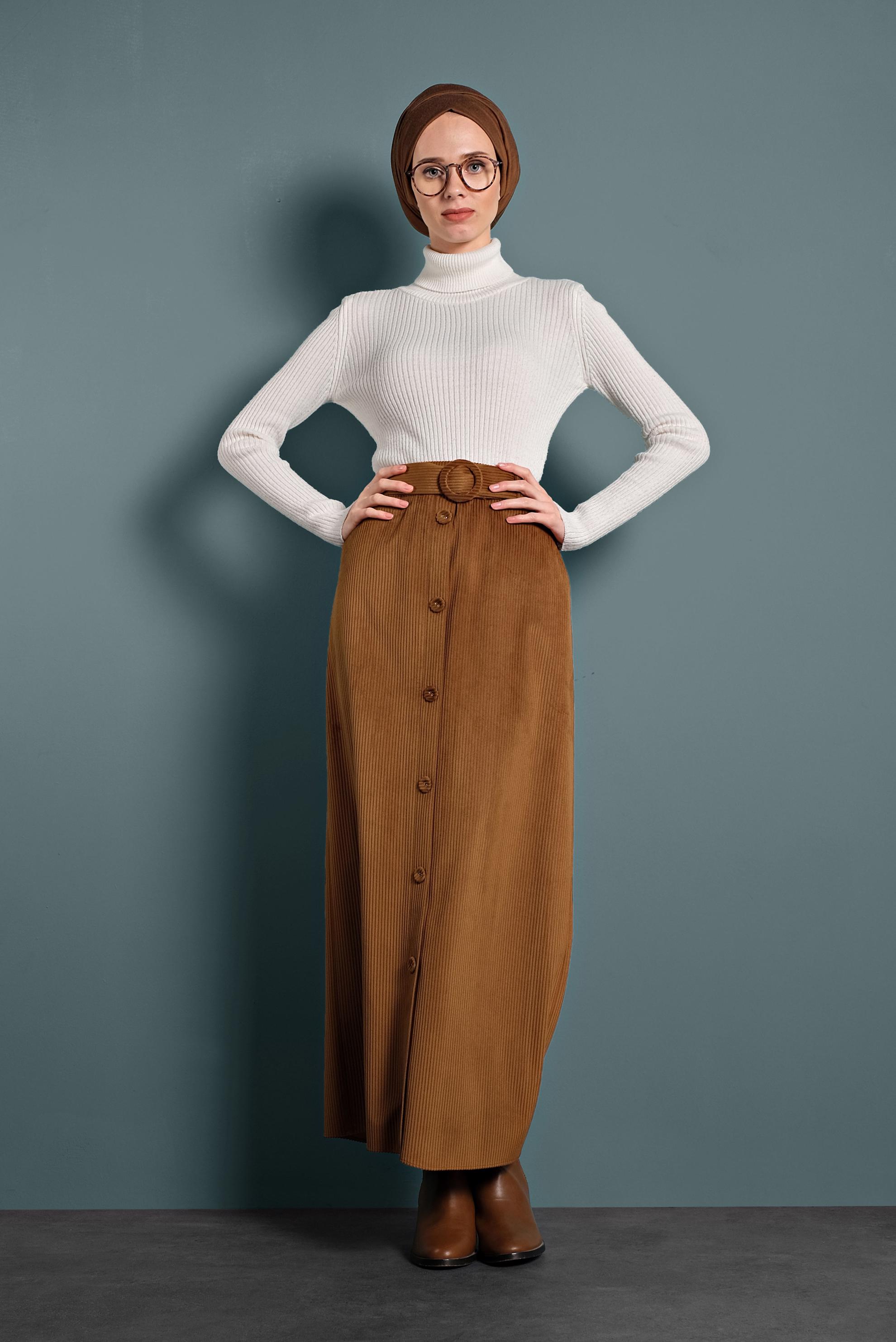 Tesettür giyim TABA DÜĞMELİ KEMERLİ KADİFE ETEK 60033 