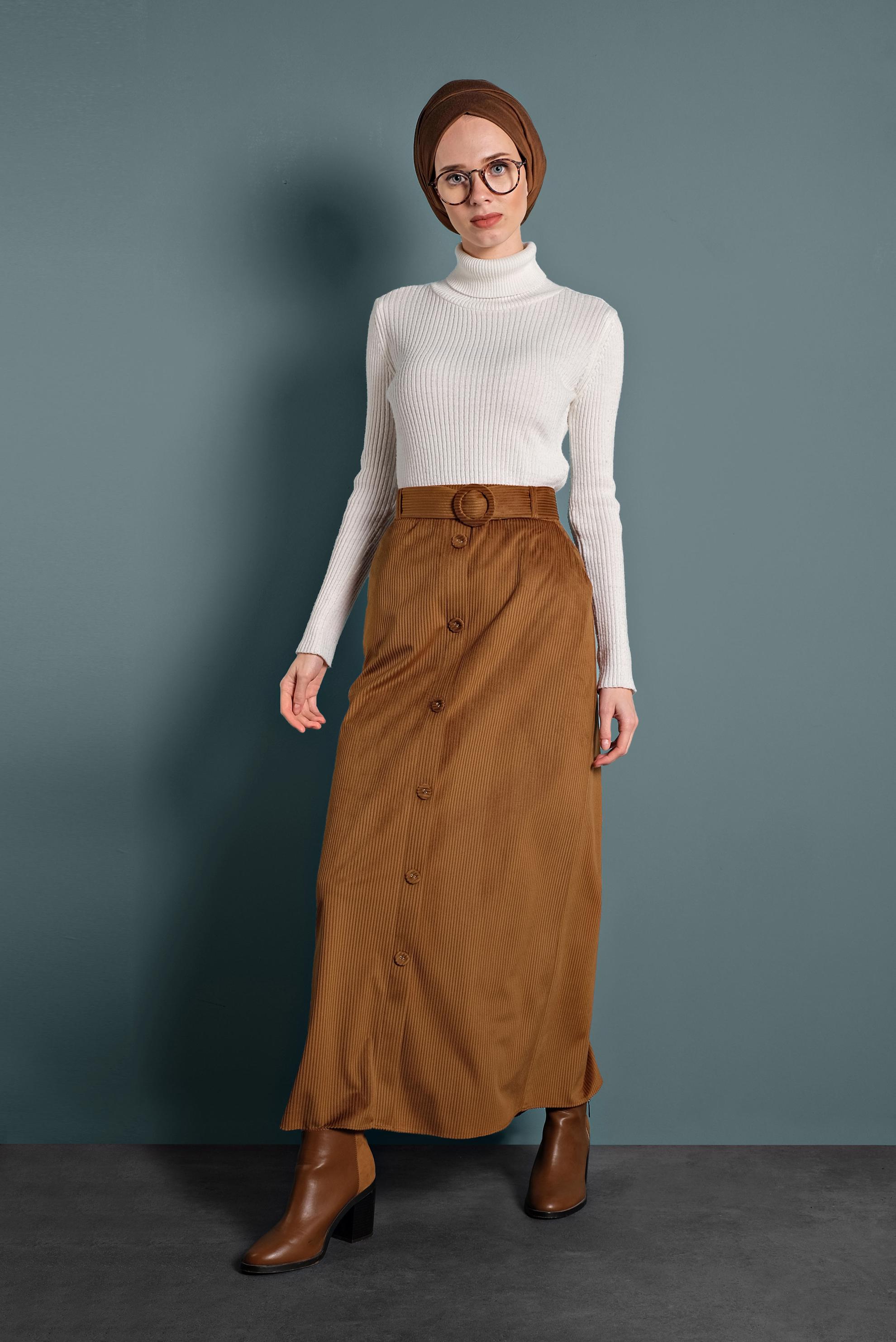 Tesettür giyim TABA DÜĞMELİ KEMERLİ KADİFE ETEK 60033 