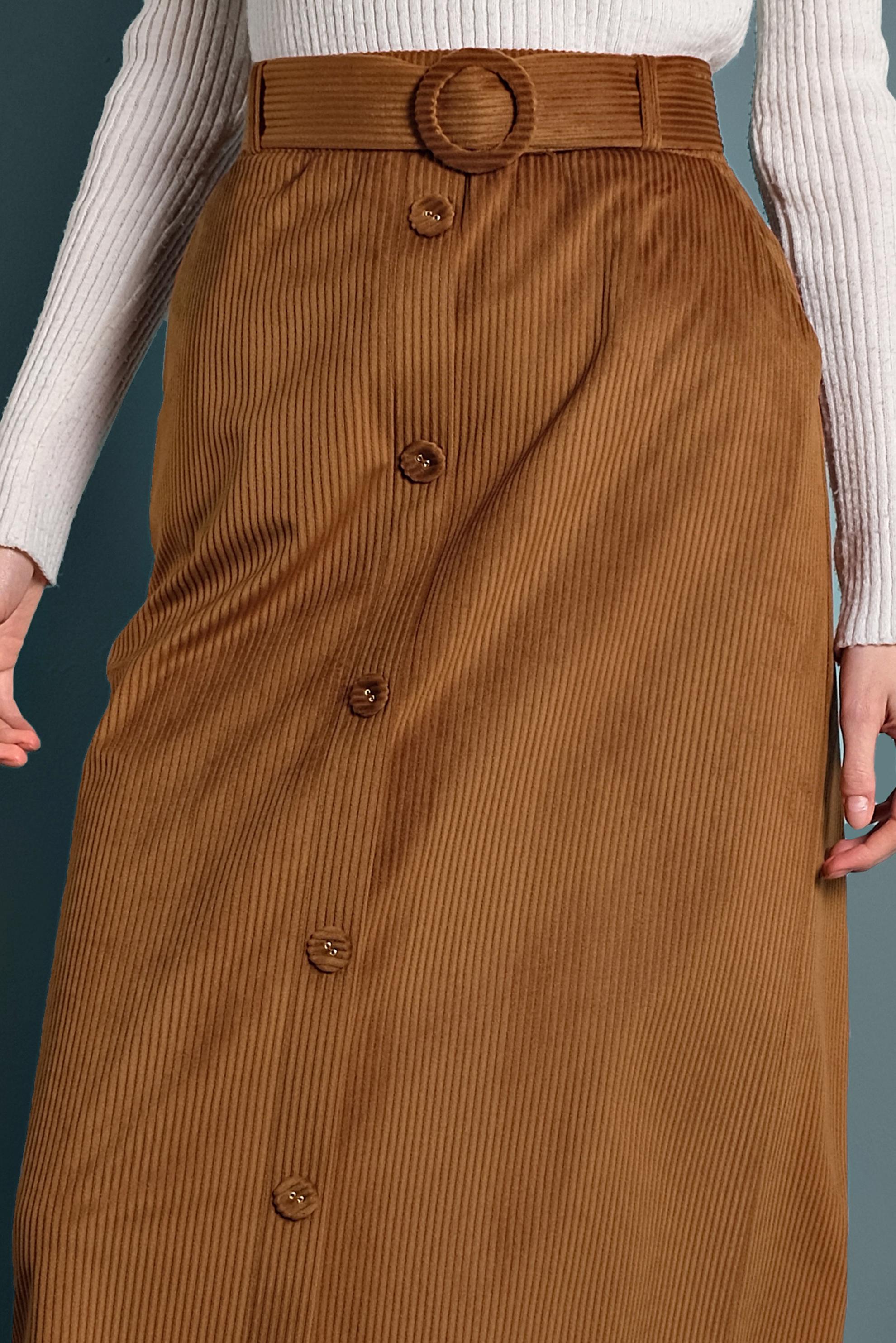 Tesettür giyim TABA DÜĞMELİ KEMERLİ KADİFE ETEK 60033 