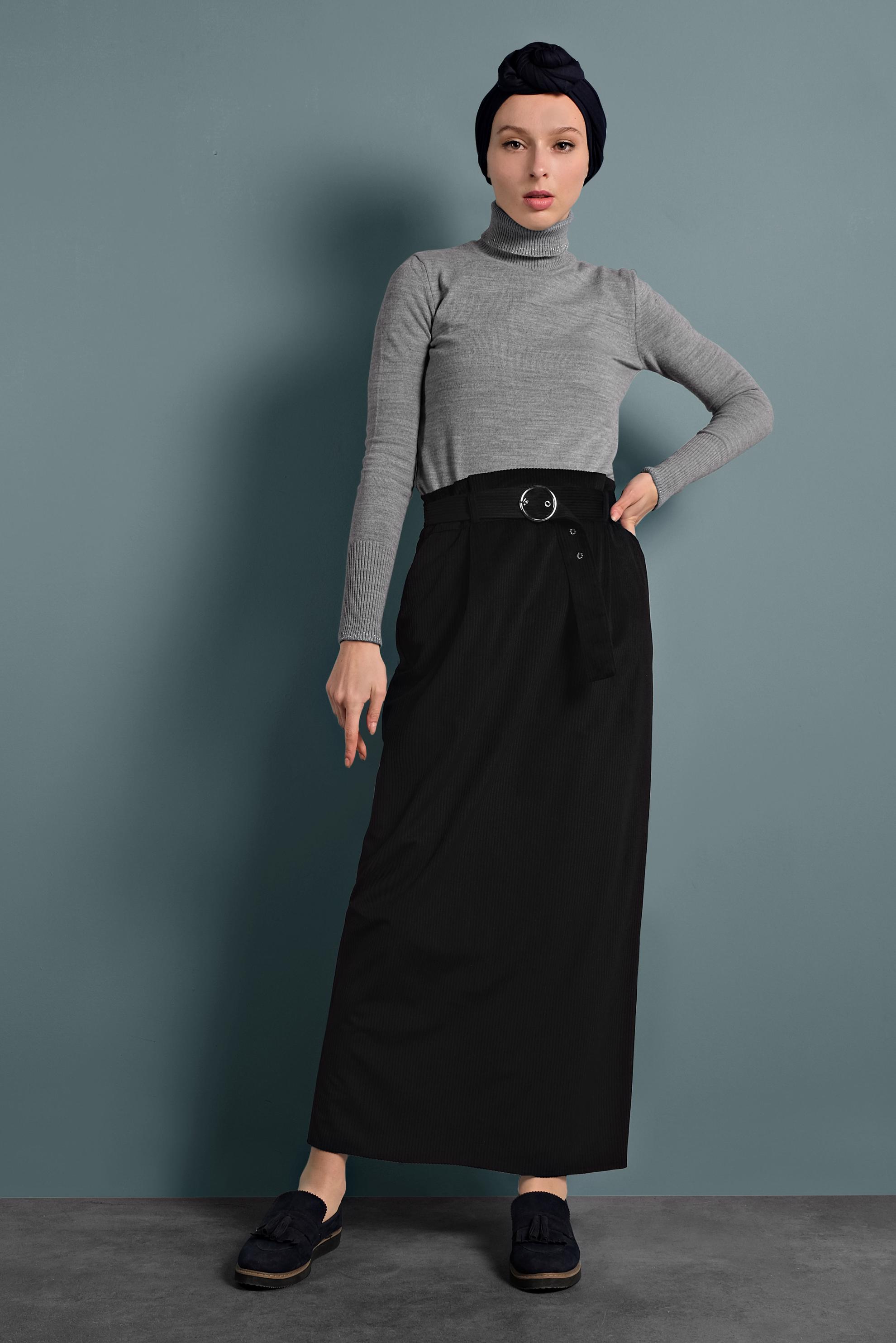 Tesettür giyim SİYAH KEMERLİ KADİFE ETEK 60034