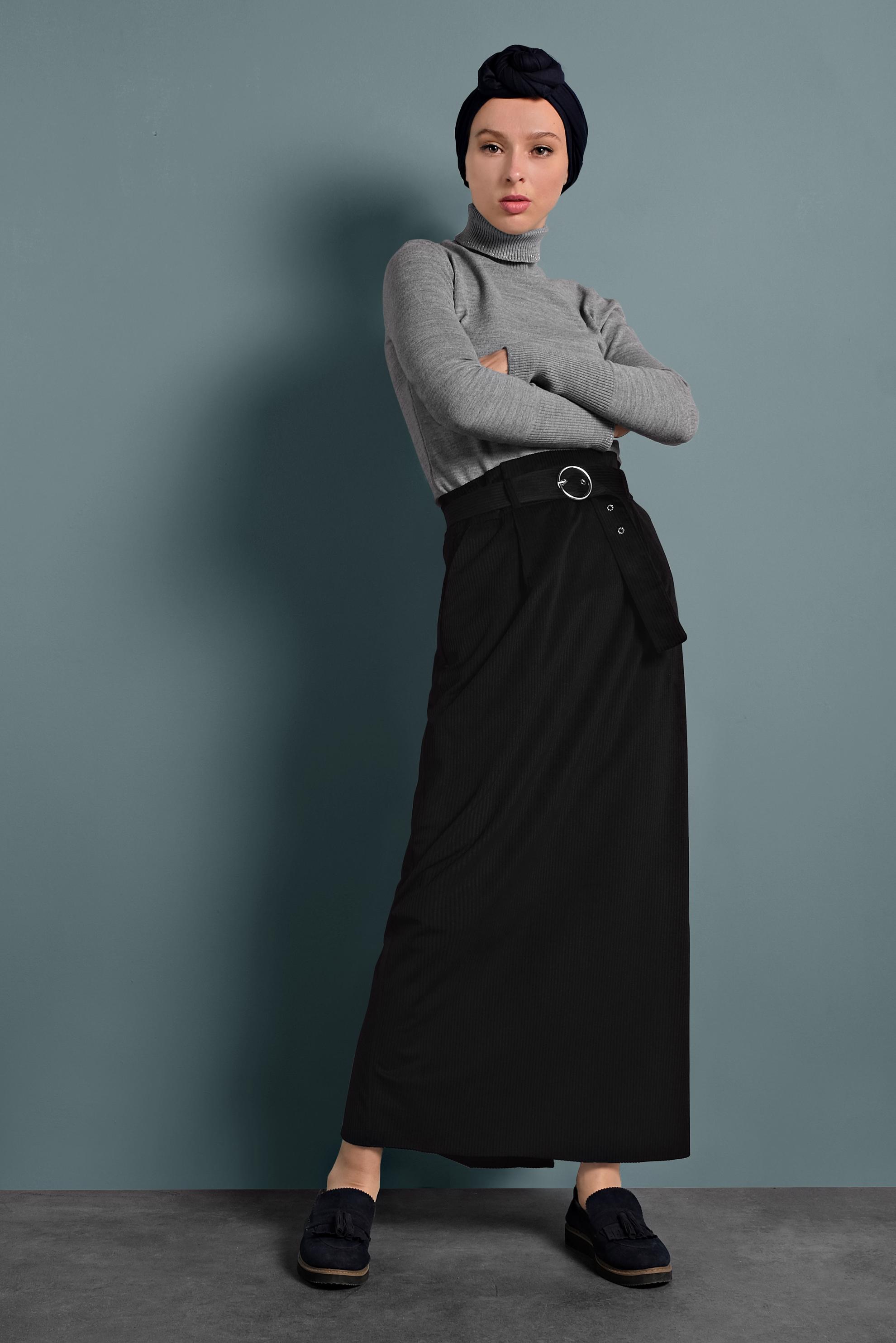 Tesettür giyim SİYAH KEMERLİ KADİFE ETEK 60034