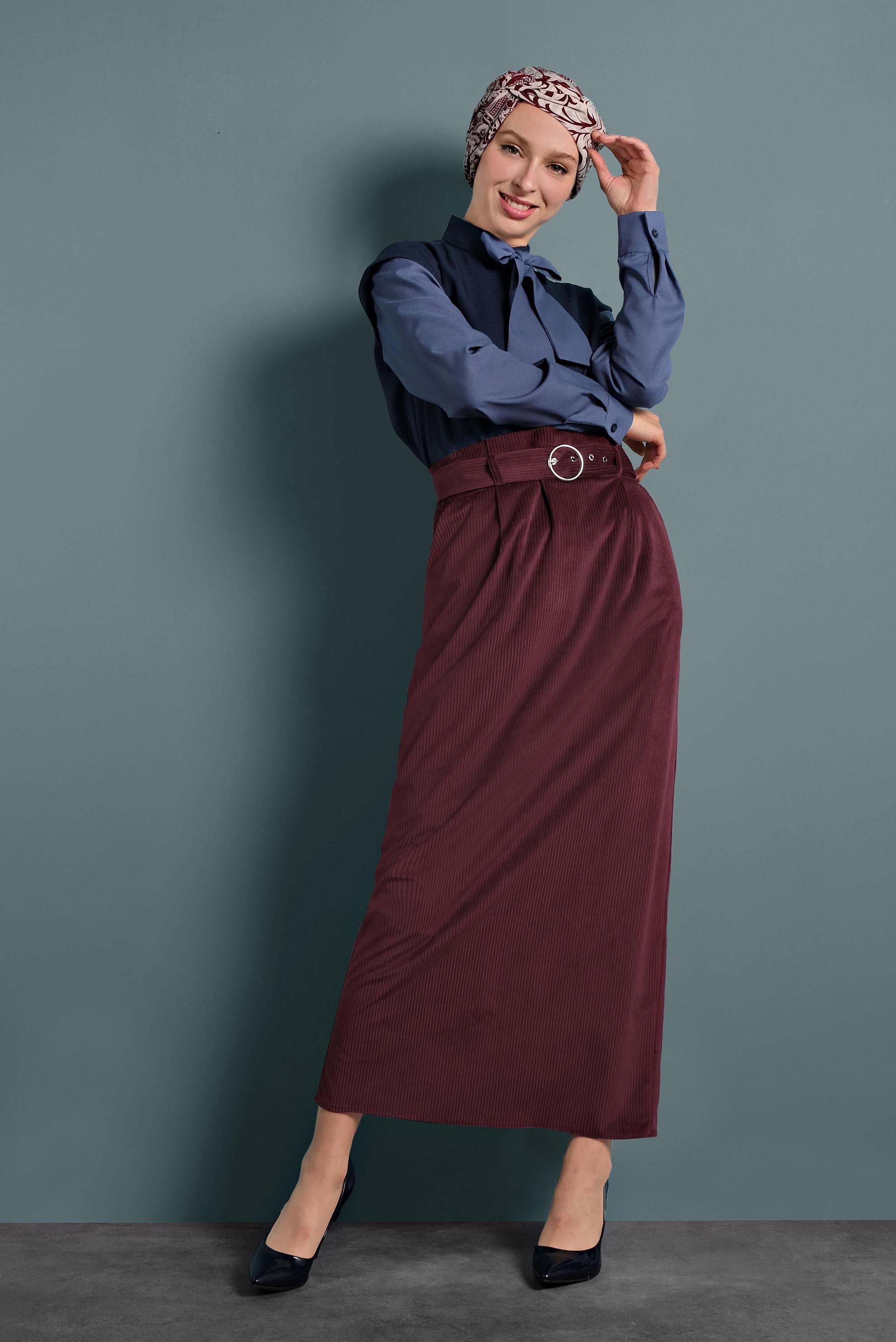 Tesettür giyim BORDO KEMERLİ KADİFE ETEK 60034