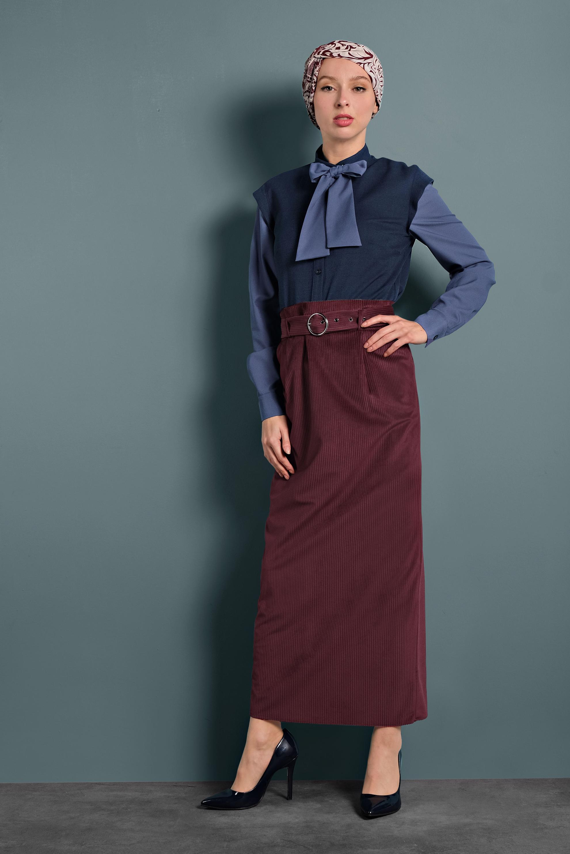 Tesettür giyim BORDO KEMERLİ KADİFE ETEK 60034