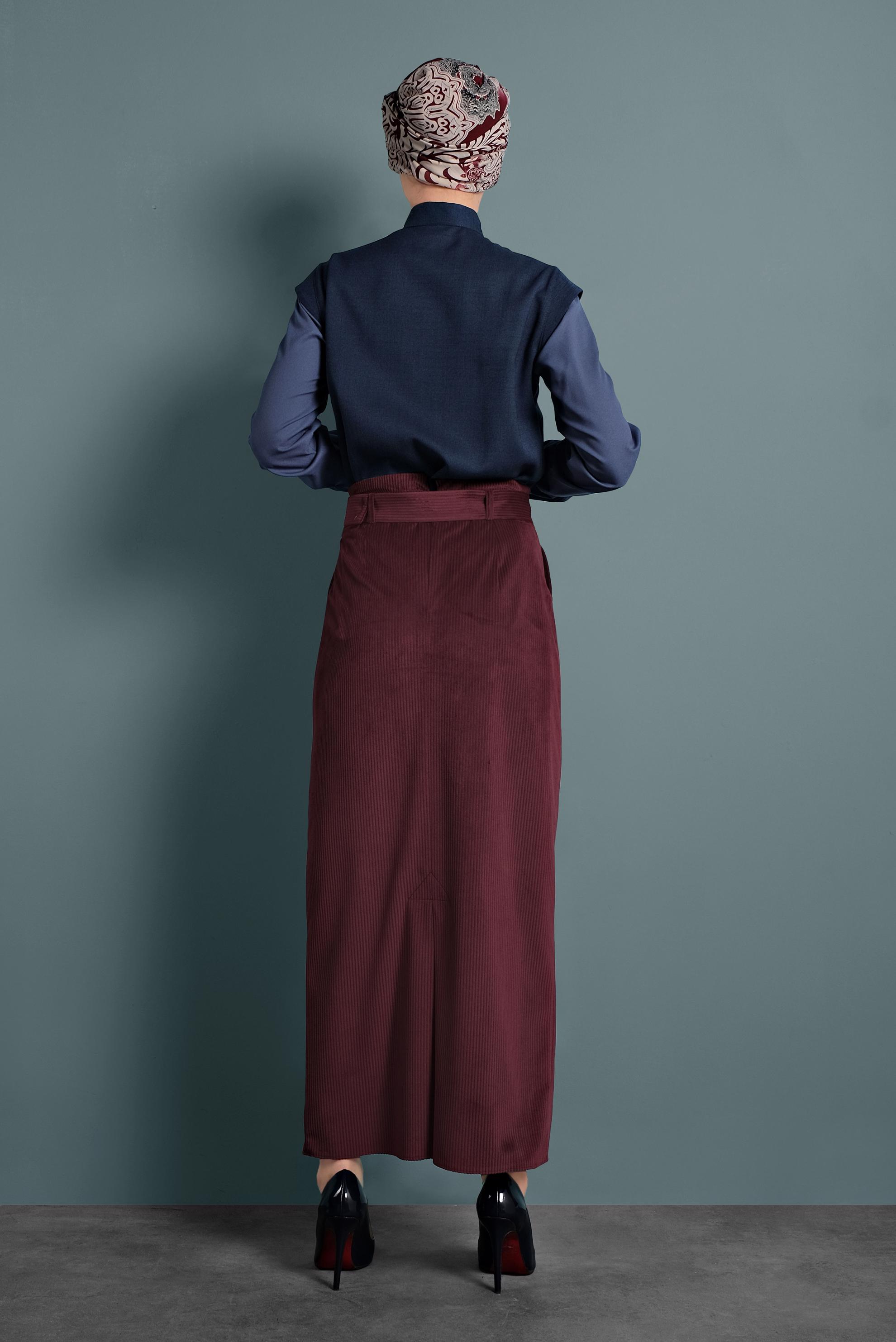 Tesettür giyim BORDO KEMERLİ KADİFE ETEK 60034