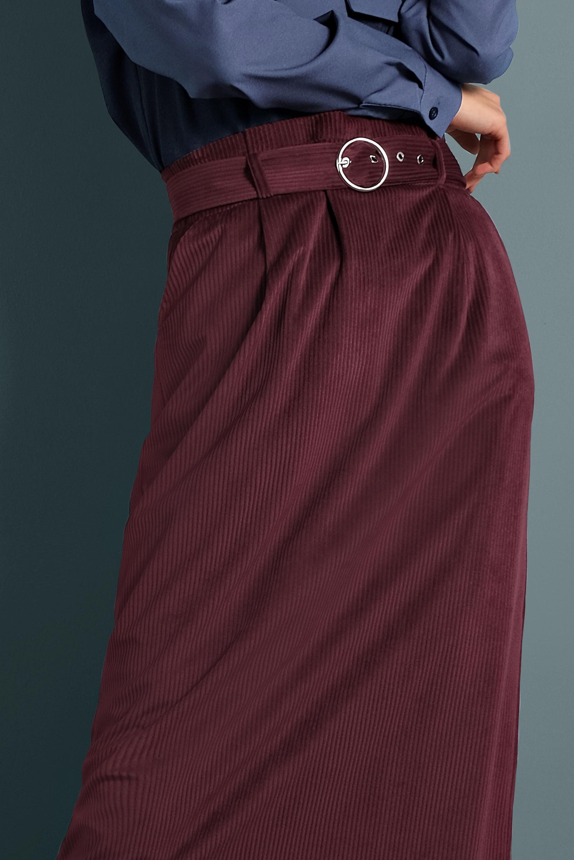 Tesettür giyim BORDO KEMERLİ KADİFE ETEK 60034