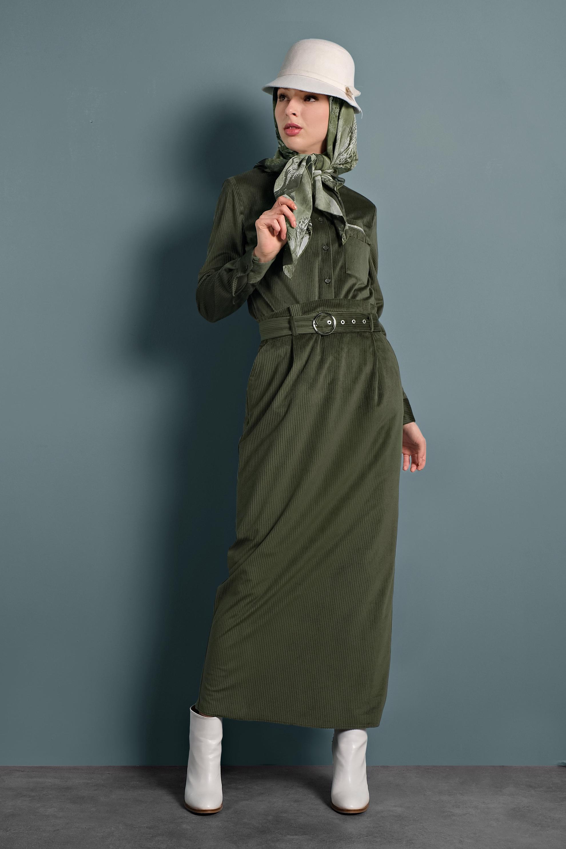 Tesettür giyim HAKİ KEMERLİ KADİFE ETEK 60034