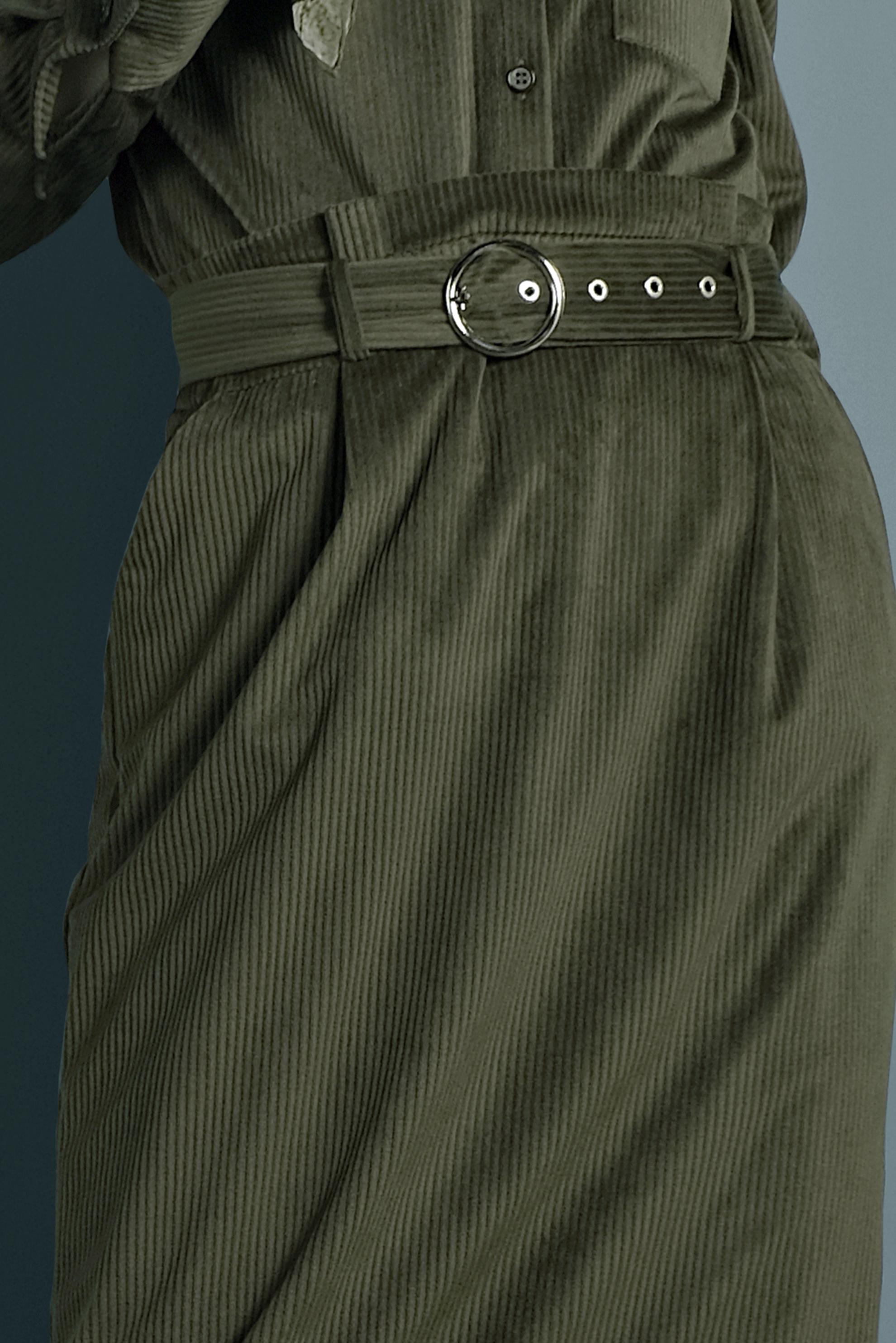 Tesettür giyim HAKİ KEMERLİ KADİFE ETEK 60034