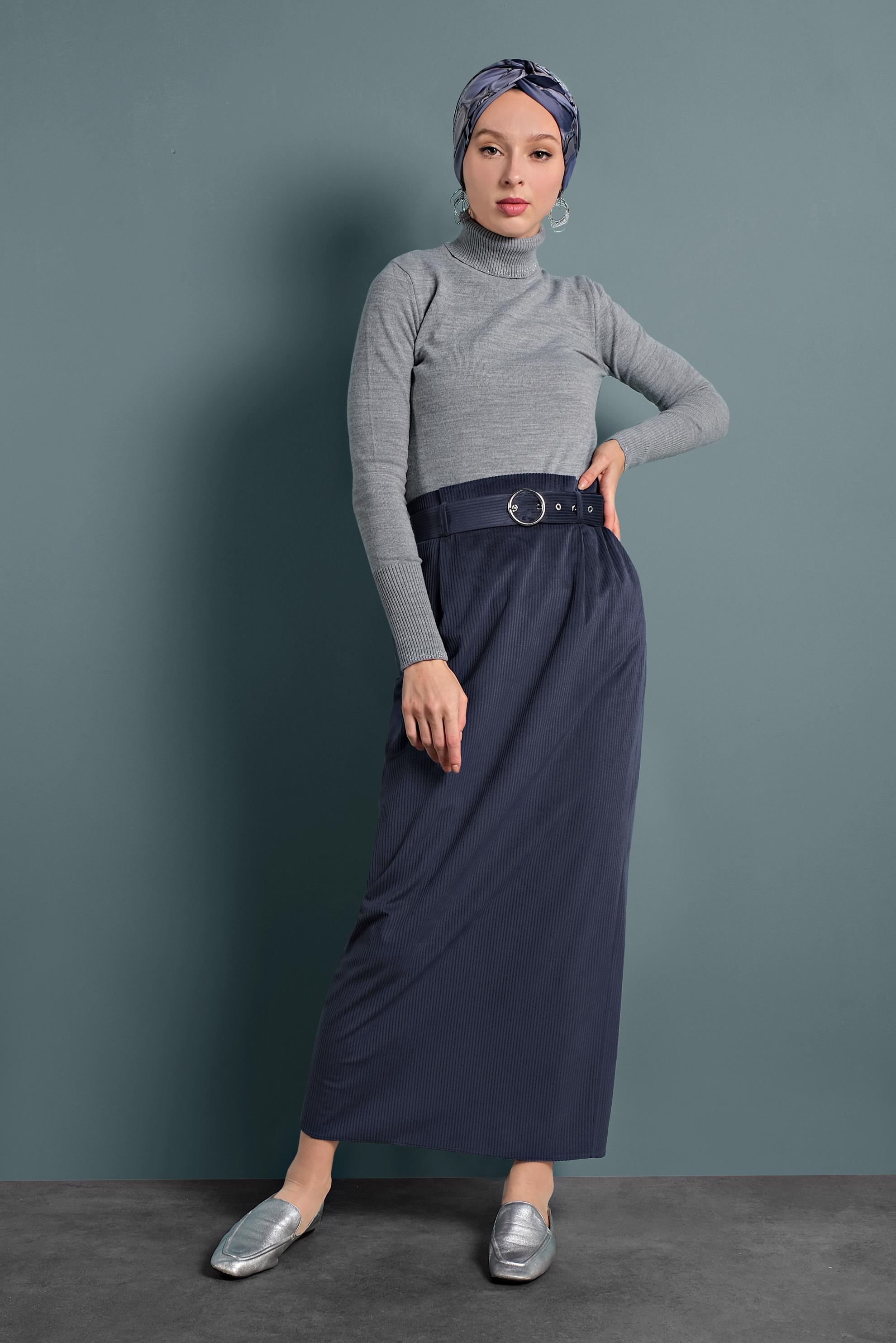 Tesettür giyim LACİVERT KEMERLİ KADİFE ETEK 60034