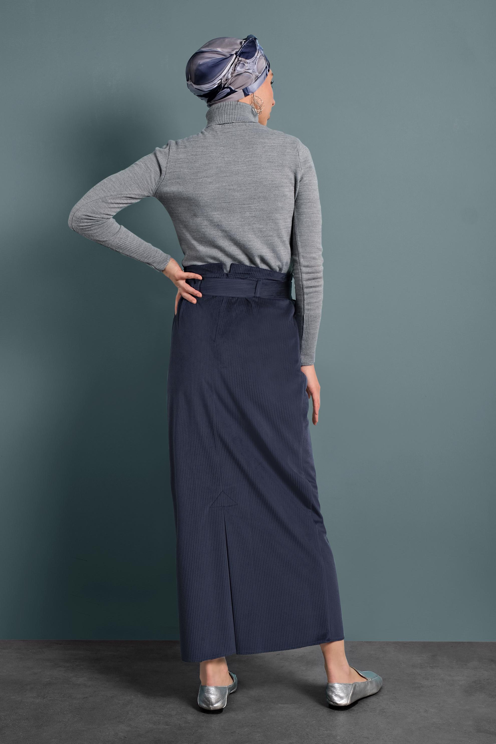 Tesettür giyim LACİVERT KEMERLİ KADİFE ETEK 60034