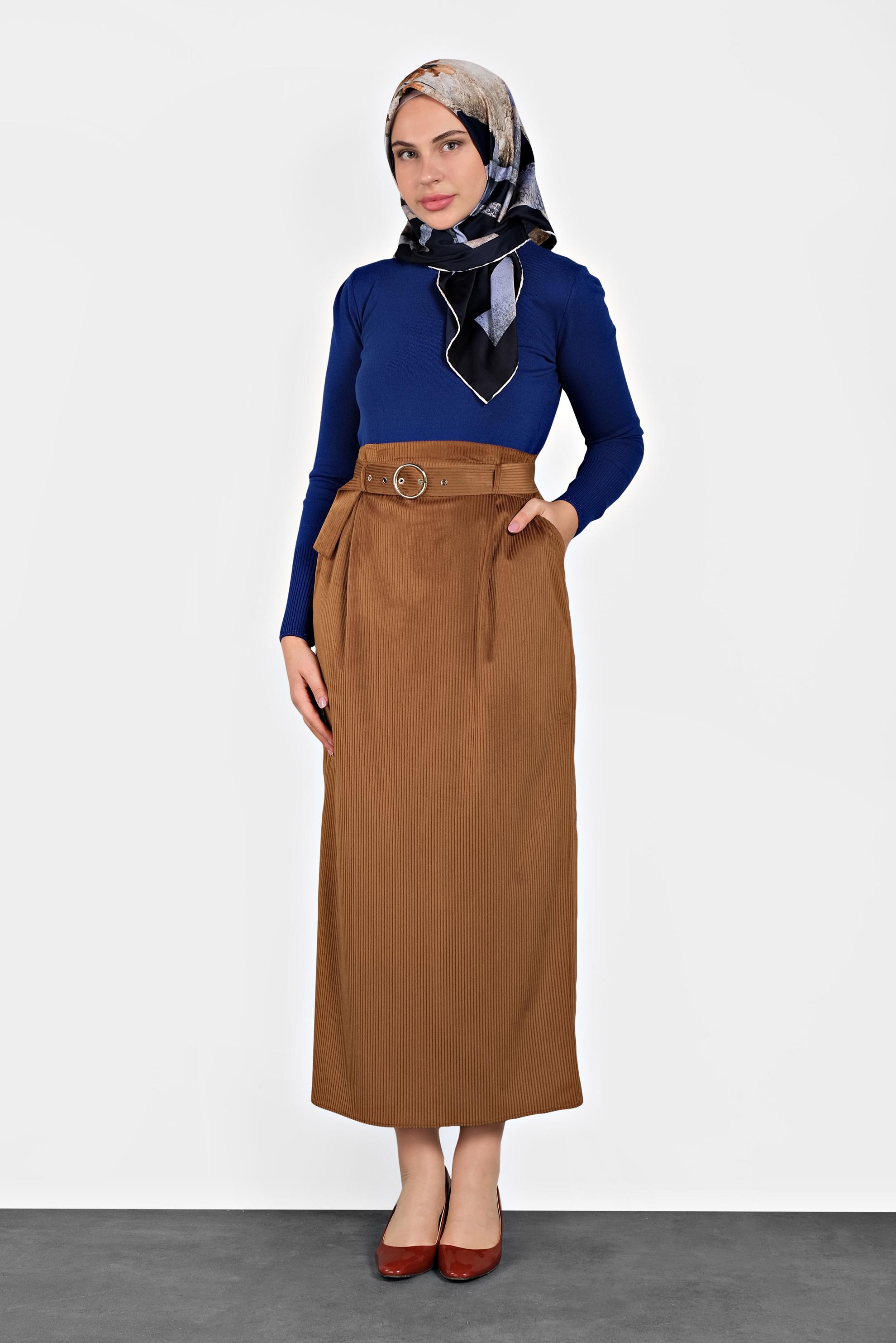 Tesettür giyim TABA KEMERLİ KADİFE ETEK 60034