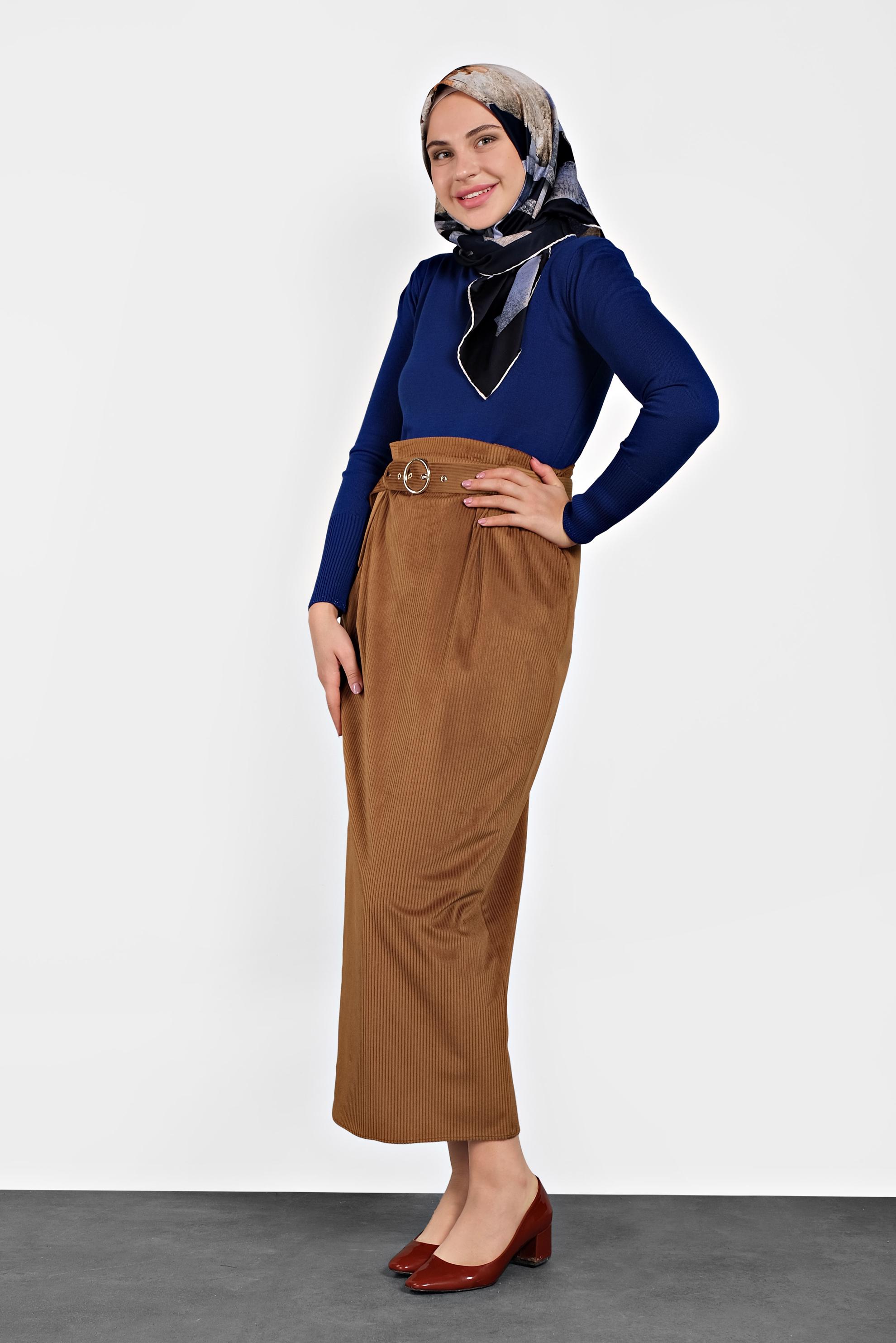 Tesettür giyim TABA KEMERLİ KADİFE ETEK 60034