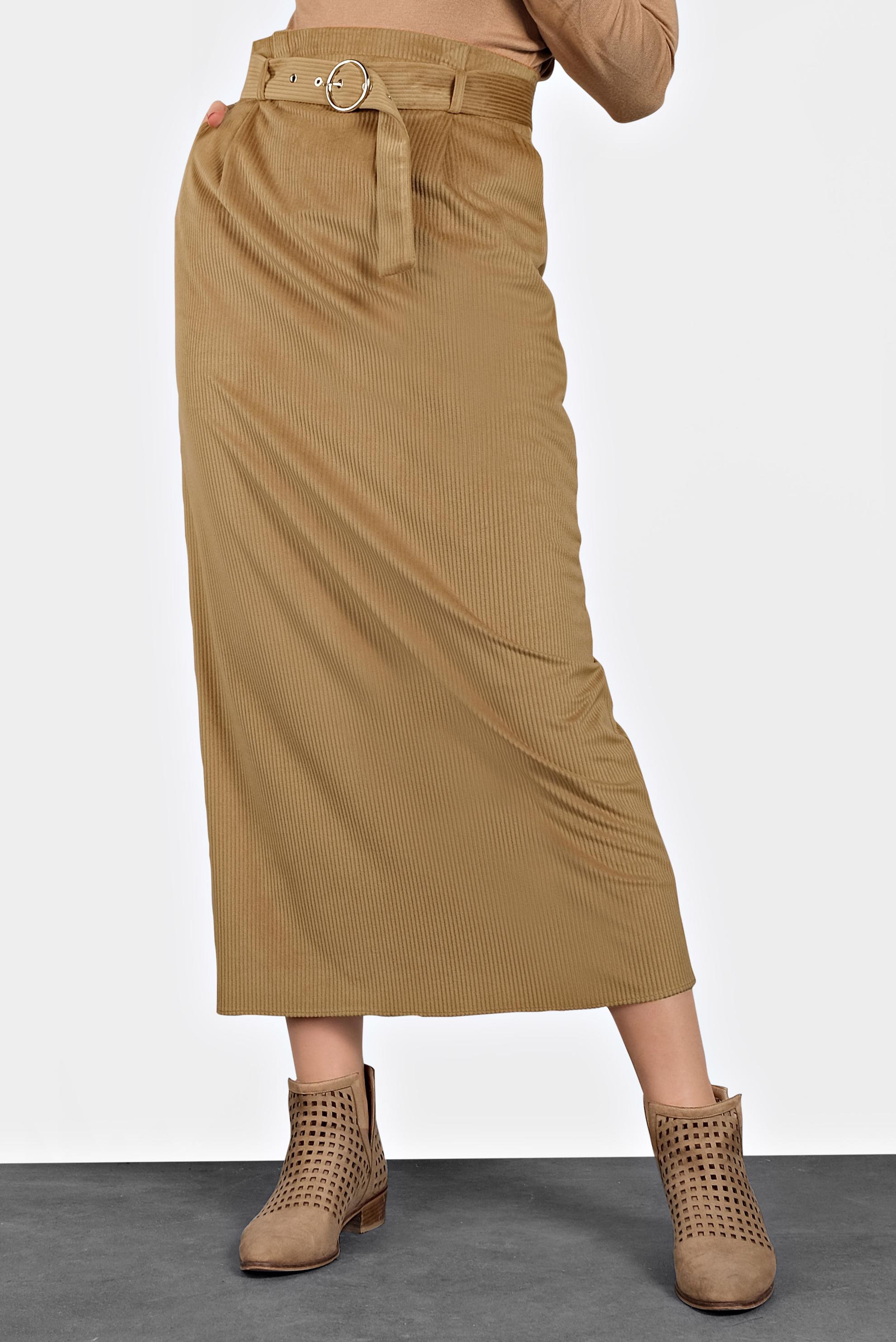 Tesettür giyim TABA KEMERLİ KADİFE ETEK 60034