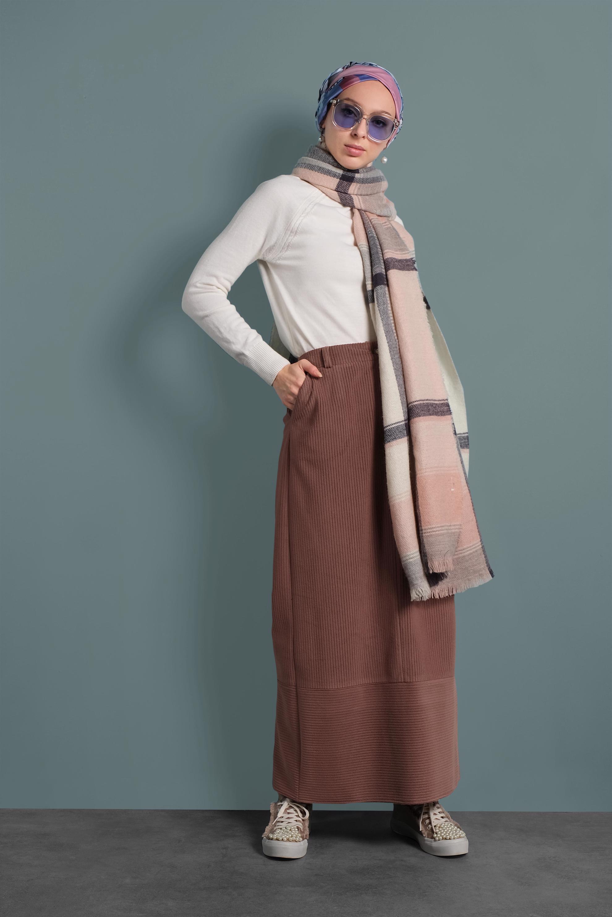 Tesettür giyim KAHVE KADİFE ETEK 60035 