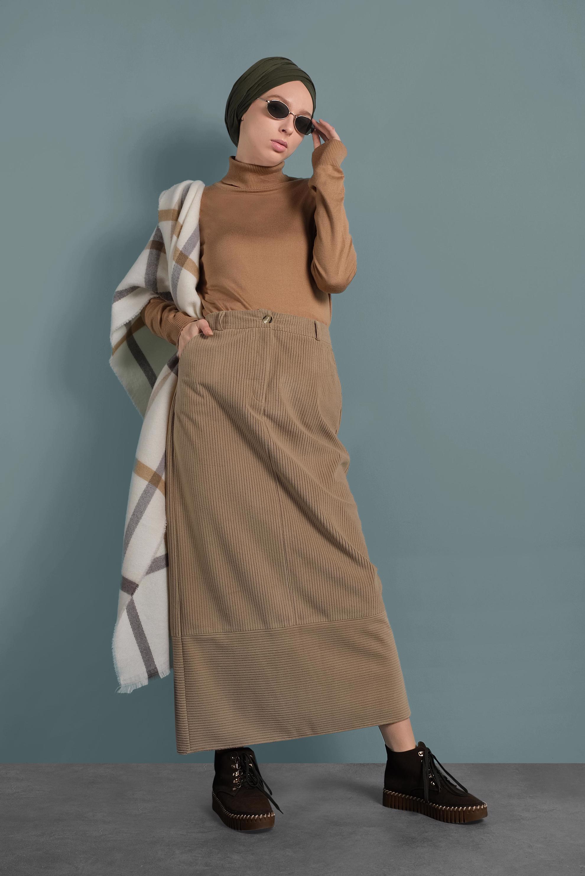 Tesettür giyim KAHVE KADİFE ETEK 60035 