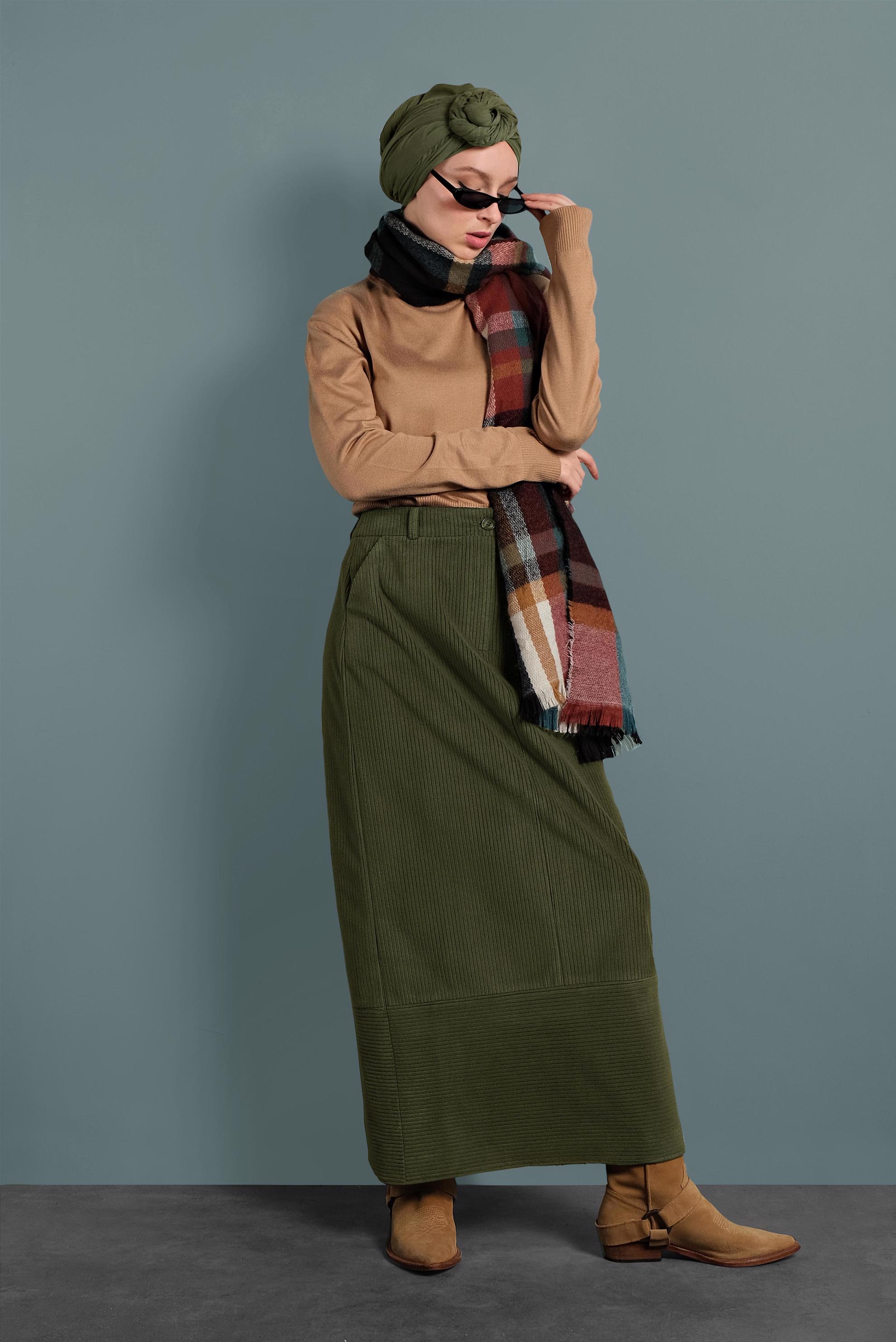 Tesettür giyim HAKİ KADİFE ETEK 60035 