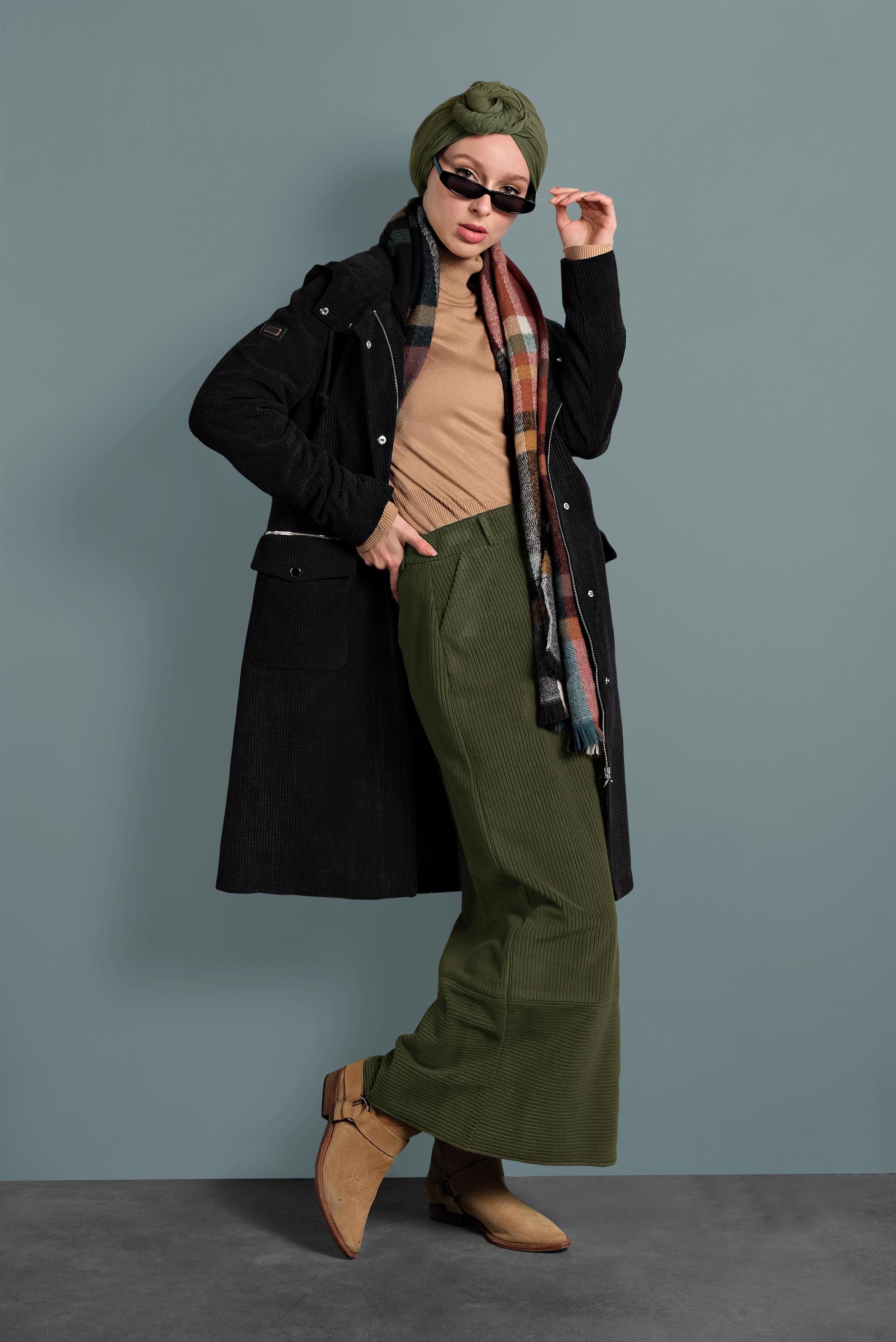 Tesettür giyim HAKİ KADİFE ETEK 60035 