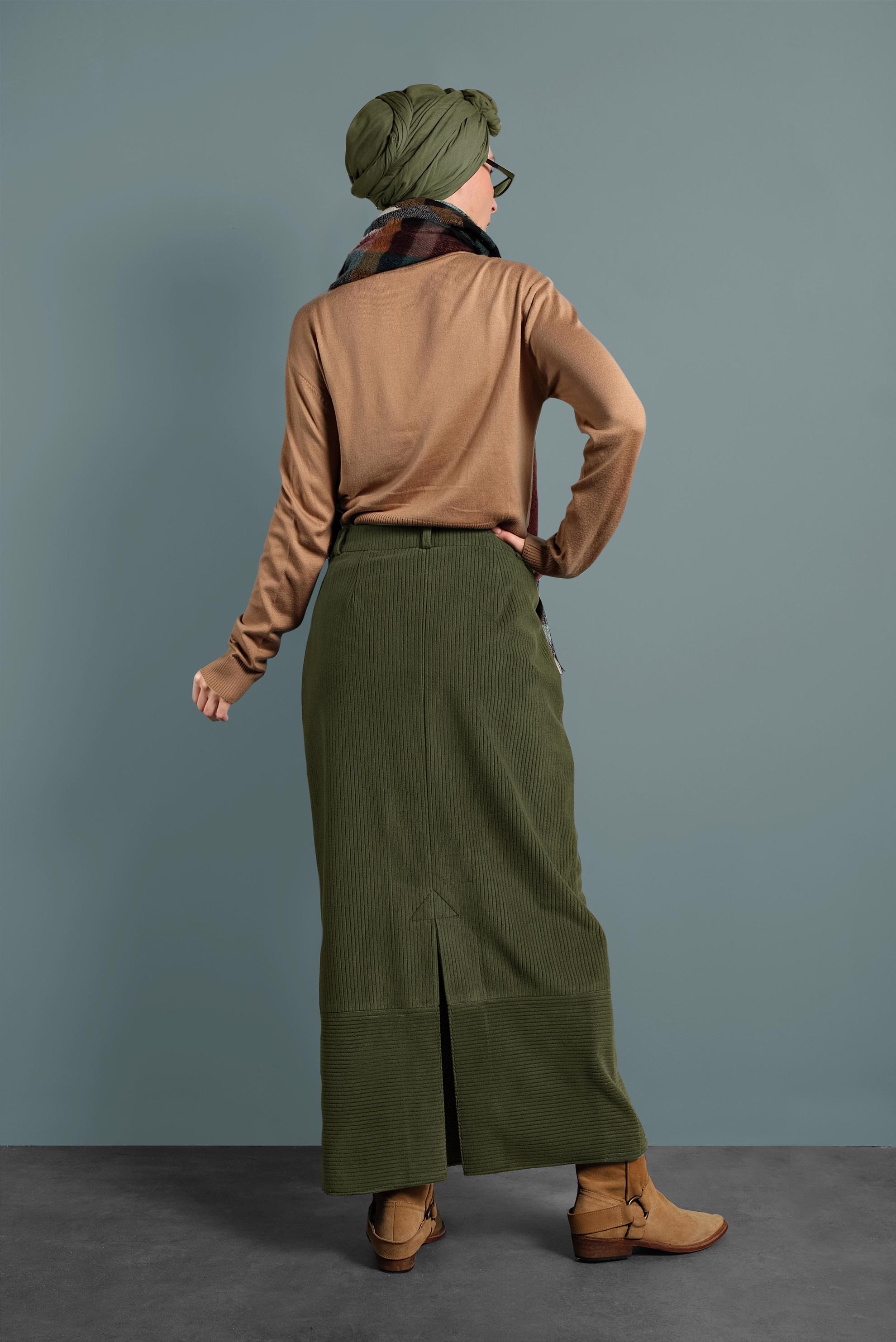 Tesettür giyim HAKİ KADİFE ETEK 60035 