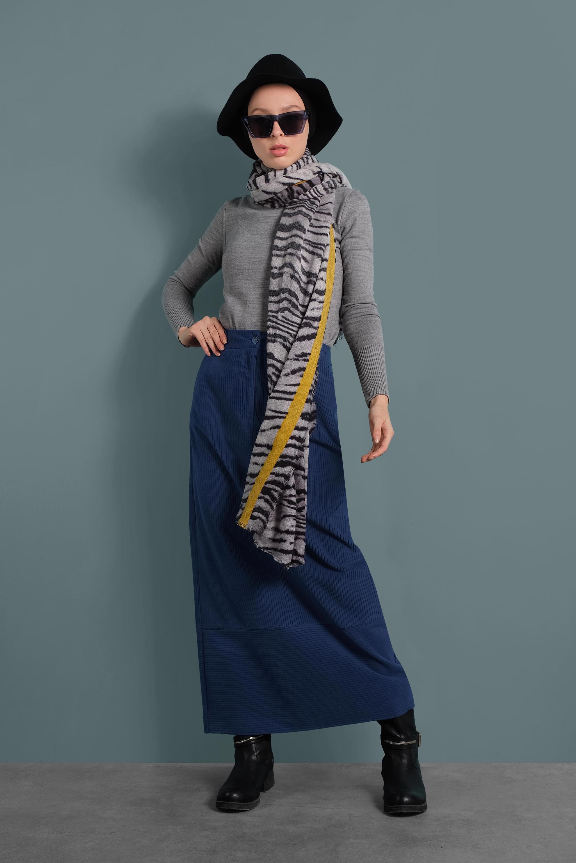 Tesettür giyim LACİVERT KADİFE ETEK 60035 