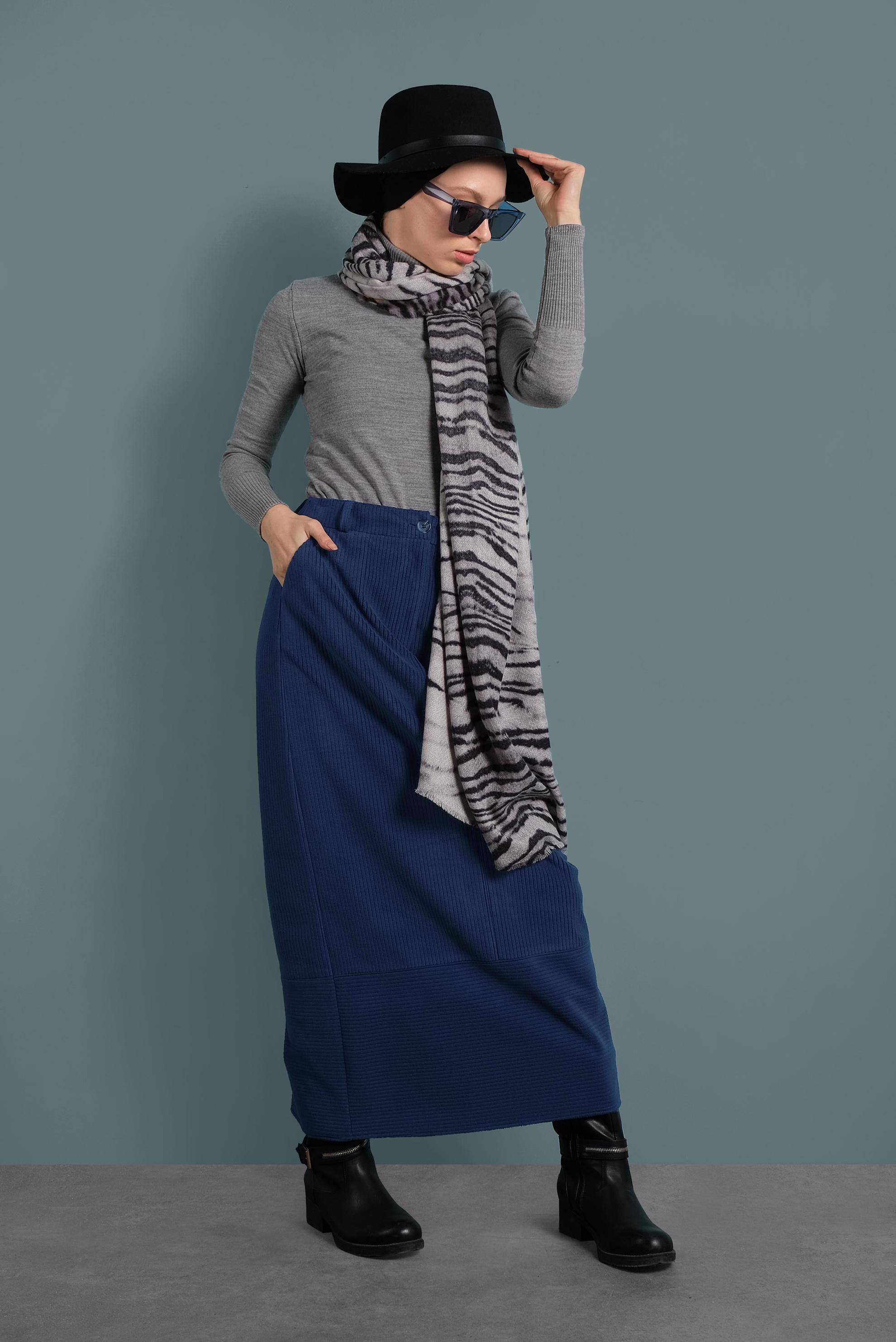 Tesettür giyim LACİVERT KADİFE ETEK 60035 