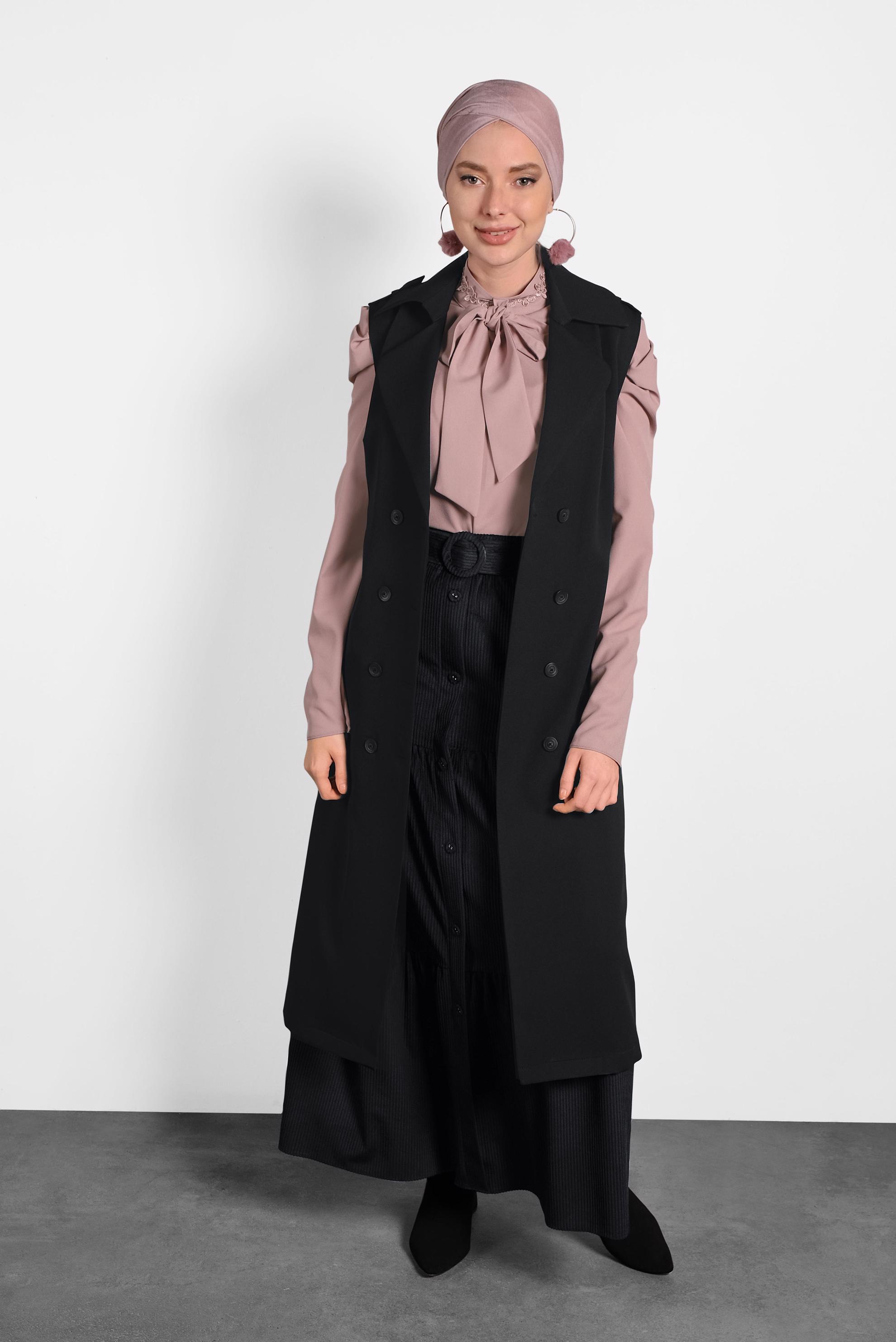 Tesettür giyim SİYAH DÜĞMELİ KEMERLİ VOLANLI ETEK 60036 