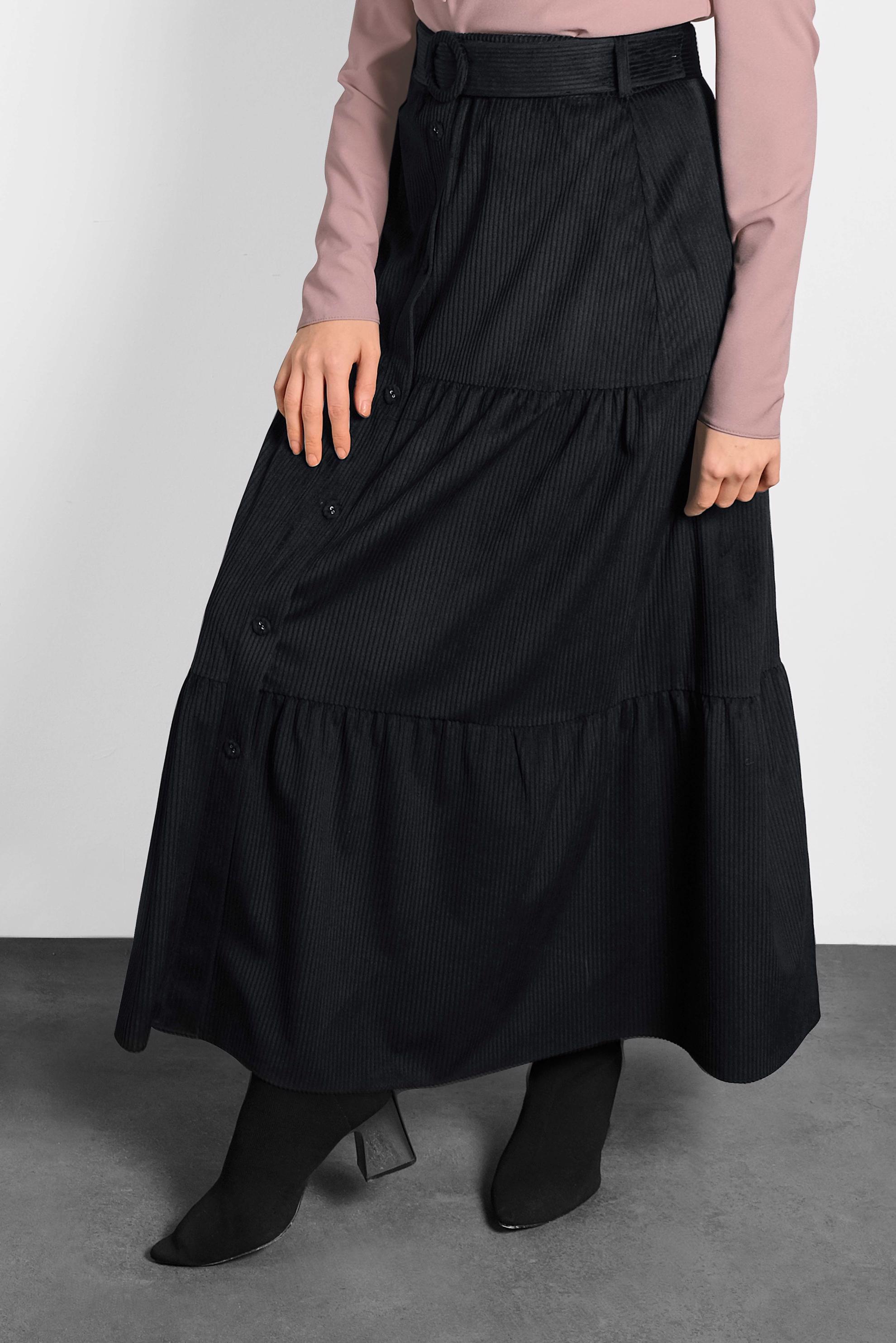 Tesettür giyim SİYAH DÜĞMELİ KEMERLİ VOLANLI ETEK 60036 