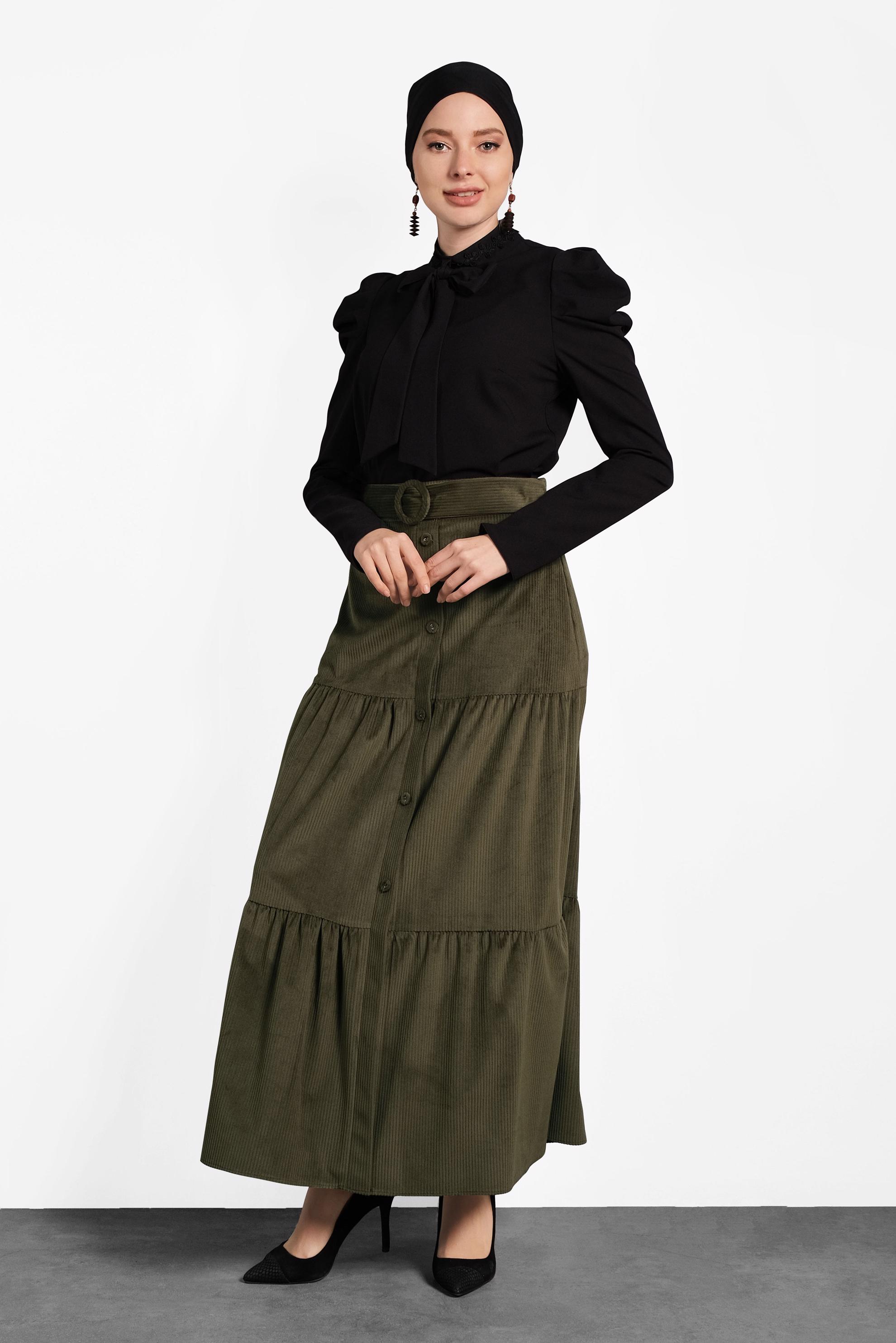 Tesettür giyim HAKİ DÜĞMELİ KEMERLİ VOLANLI ETEK 60036 