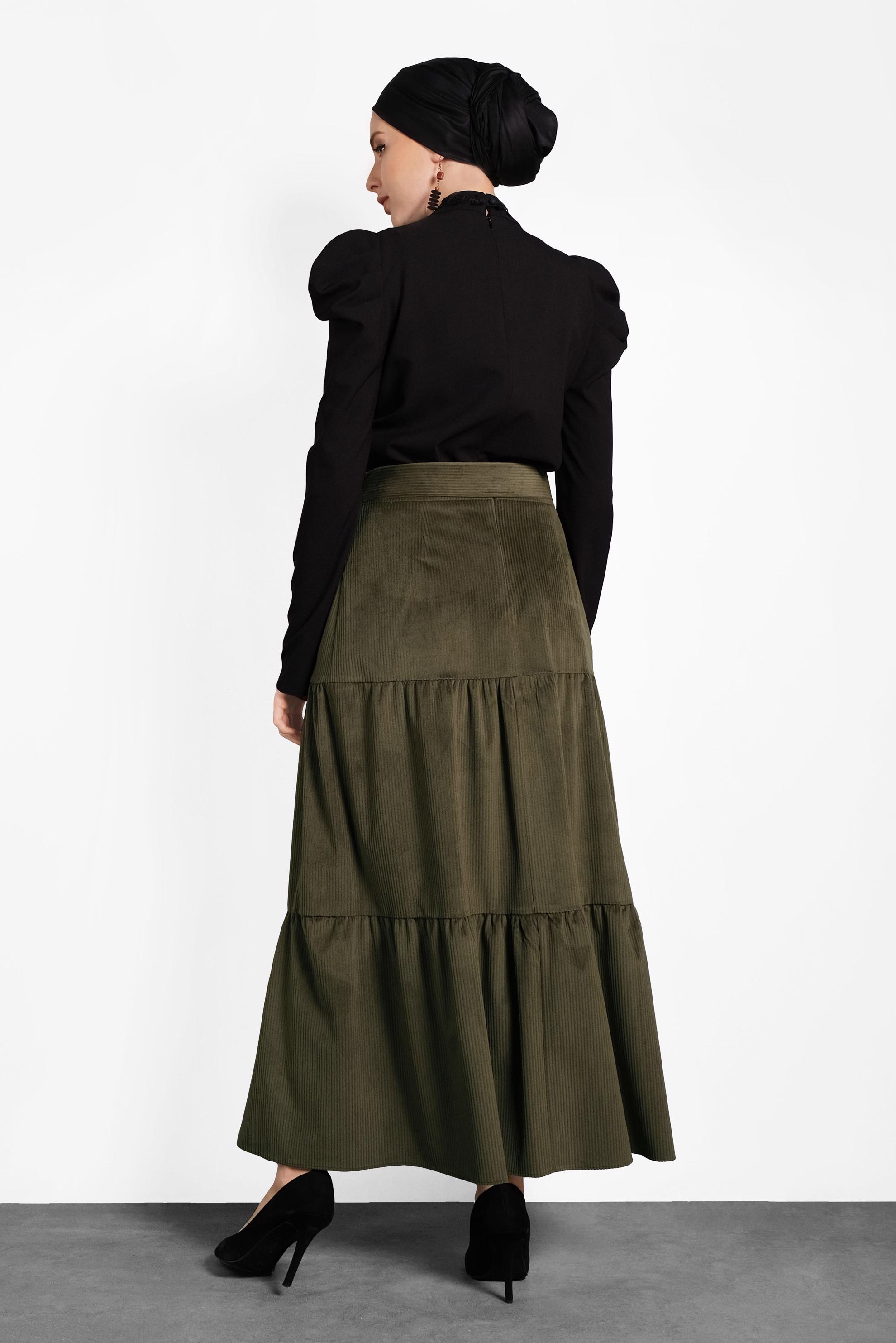 Tesettür giyim HAKİ DÜĞMELİ KEMERLİ VOLANLI ETEK 60036 