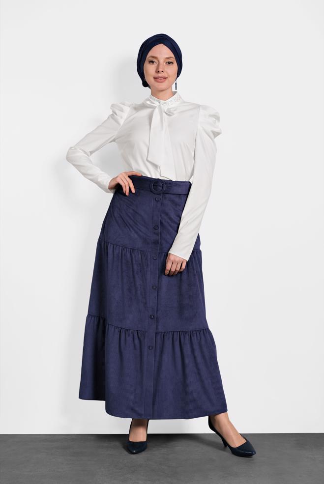 Vêtements hijab  JUPE À VOLANTS À BOUTONNÉ AVEC CEINTURE 60036  - ALVİNA