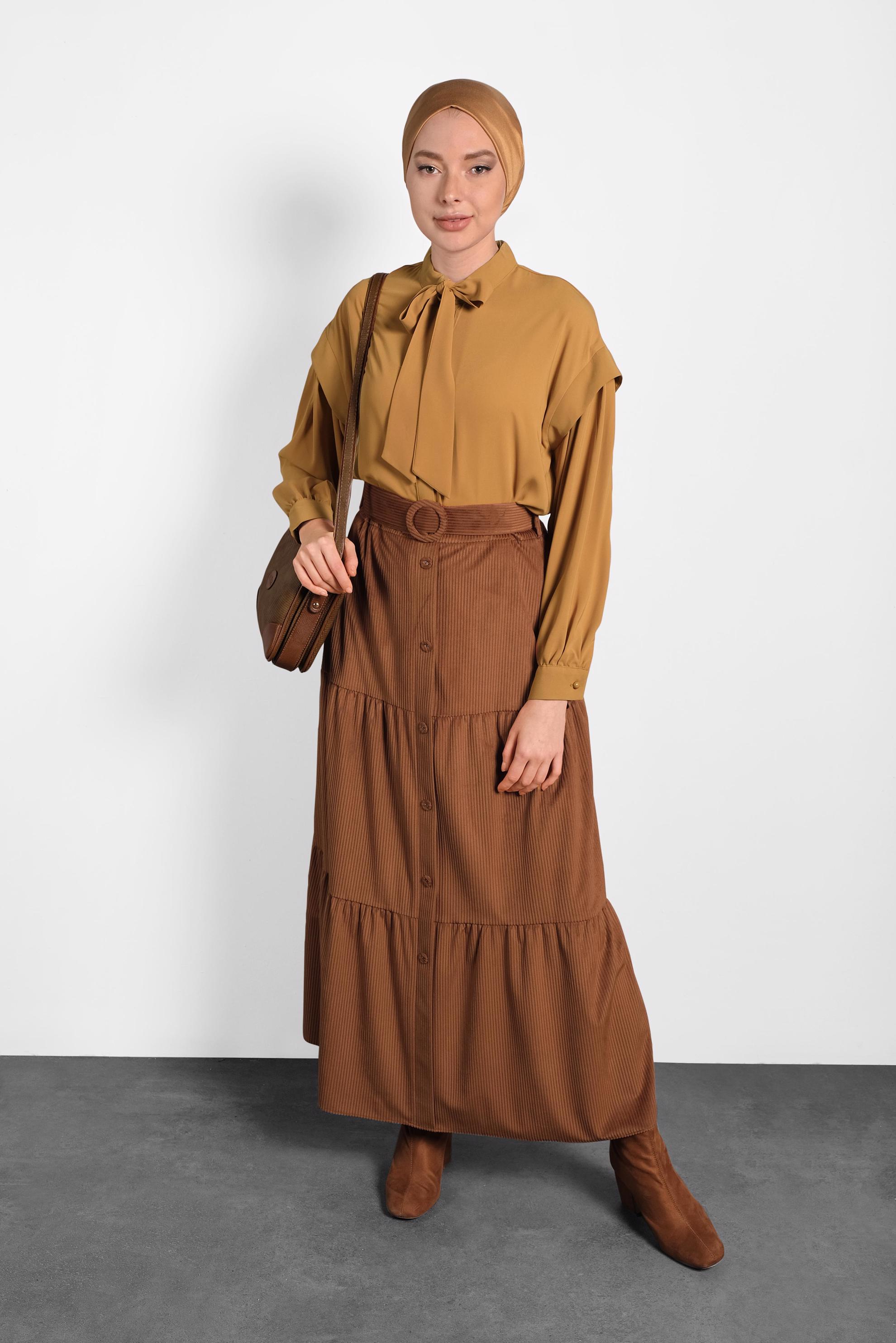 Tesettür giyim TABA DÜĞMELİ KEMERLİ VOLANLI ETEK 60036 