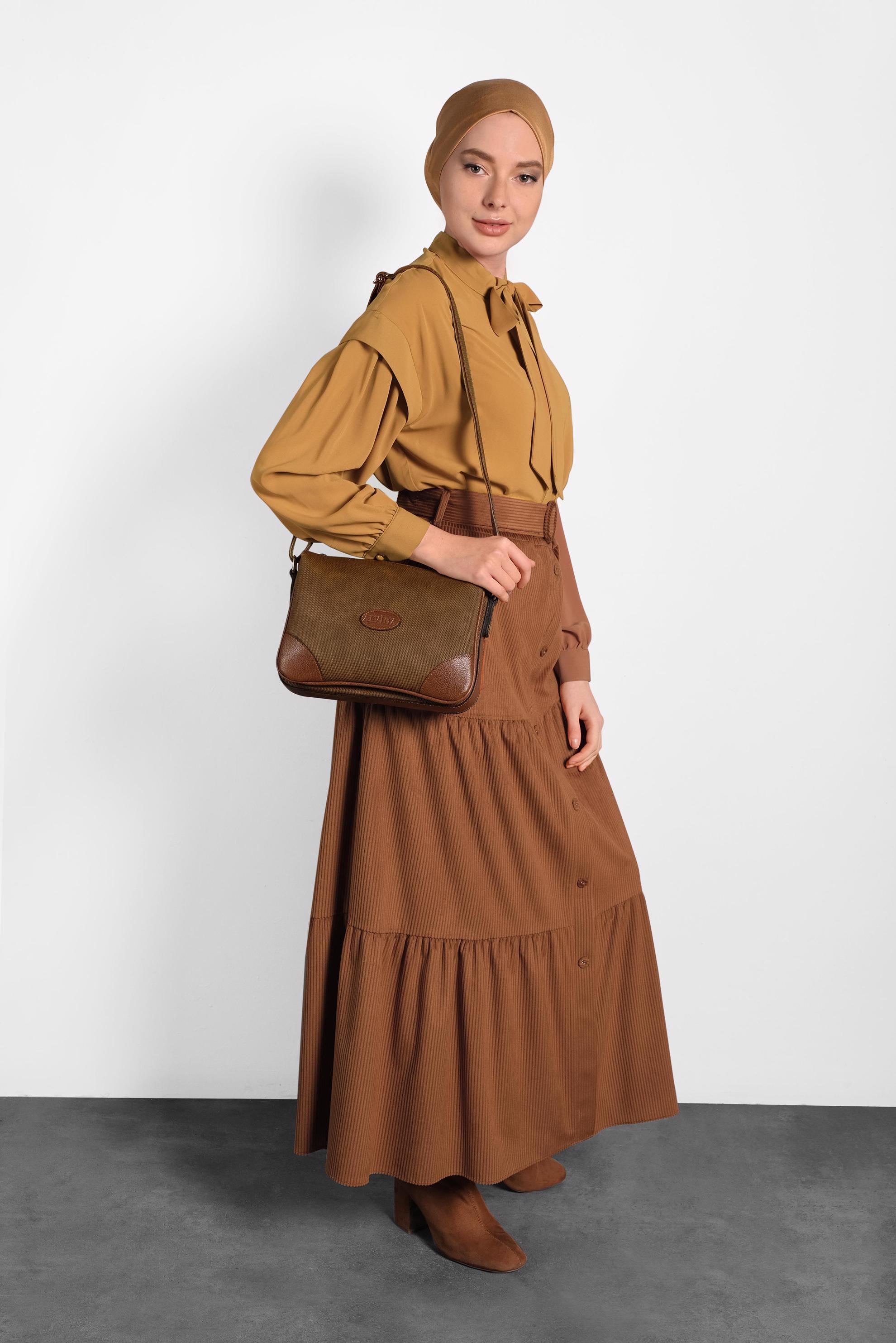 Tesettür giyim TABA DÜĞMELİ KEMERLİ VOLANLI ETEK 60036 